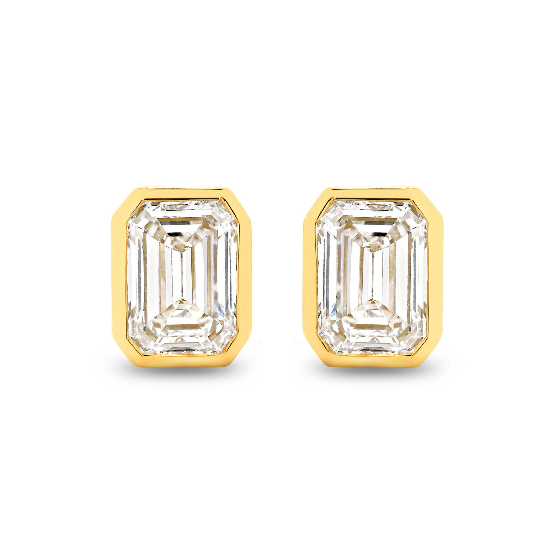 2ct Emerald Bezel Stud Earrings Solid Yellow Gold Lab Grown Diamonds — top view