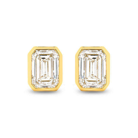 2ct Emerald Bezel Stud Earrings Solid Yellow Gold Lab Grown Diamonds — top view