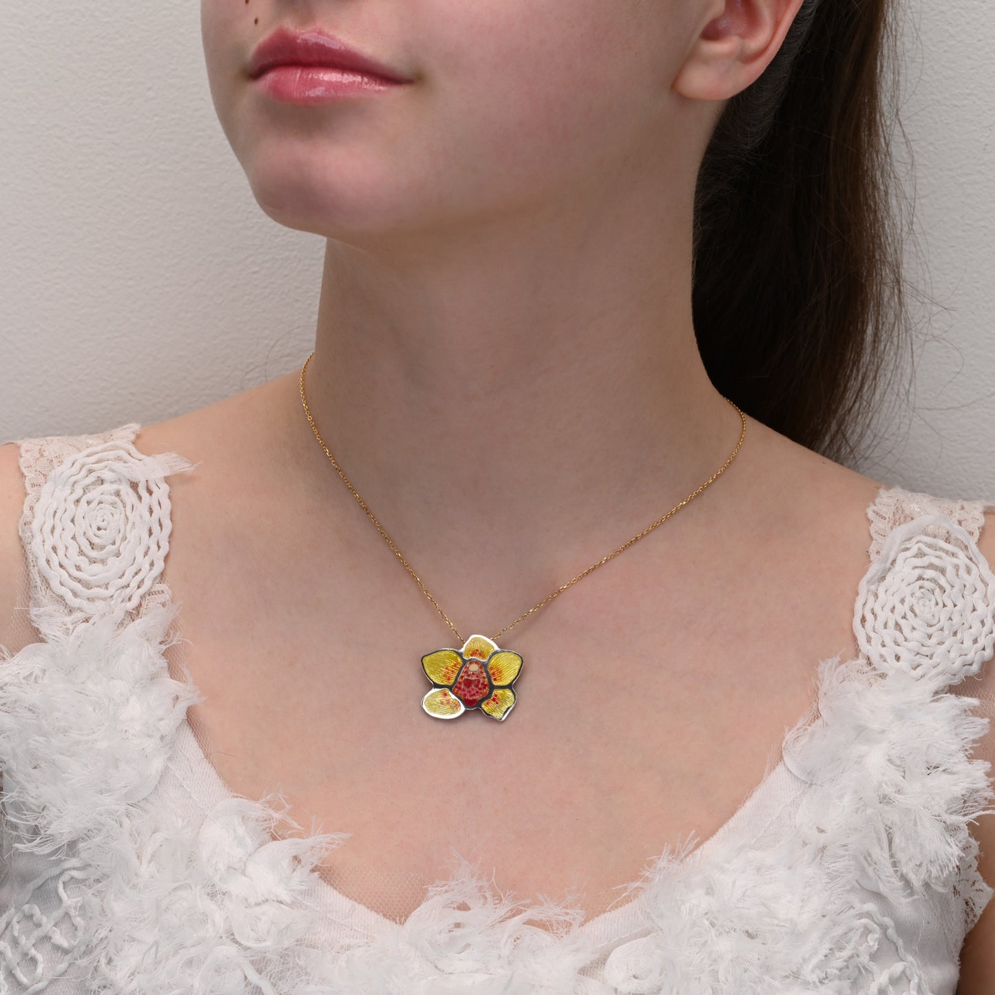 Yellow Orchid Champleve Enamel Pendant