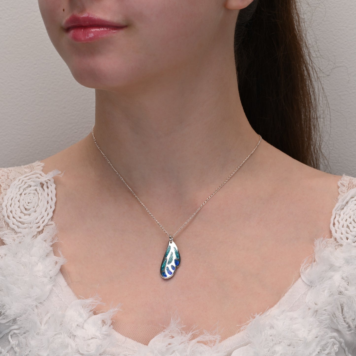 Aqua & Blue Butterfly Wing Champleve Silver Pendant