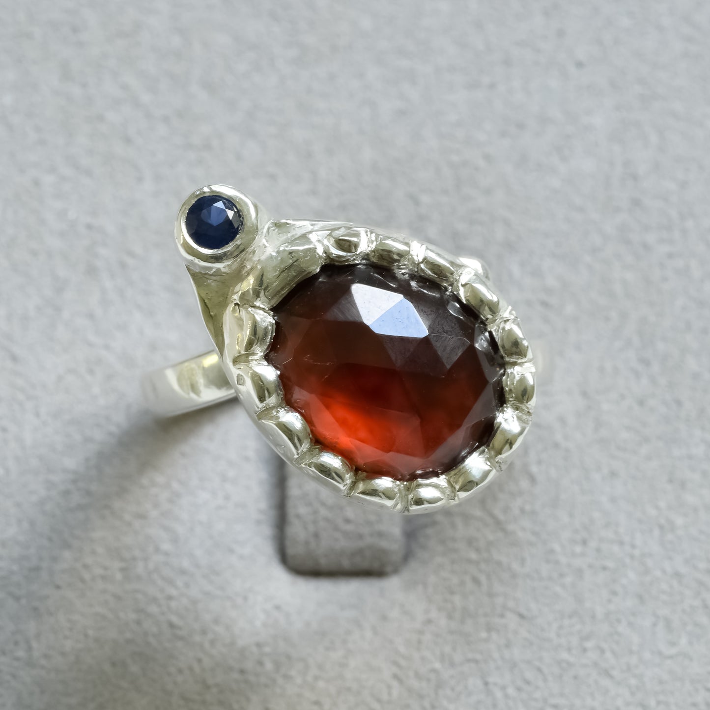 Hessonite Garnet & Sapphire Ring - 999 Fine Silver Statement Ring