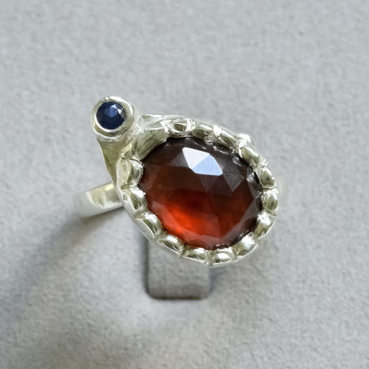Hessonite Garnet & Sapphire Ring - 999 Fine Silver Statement Ring