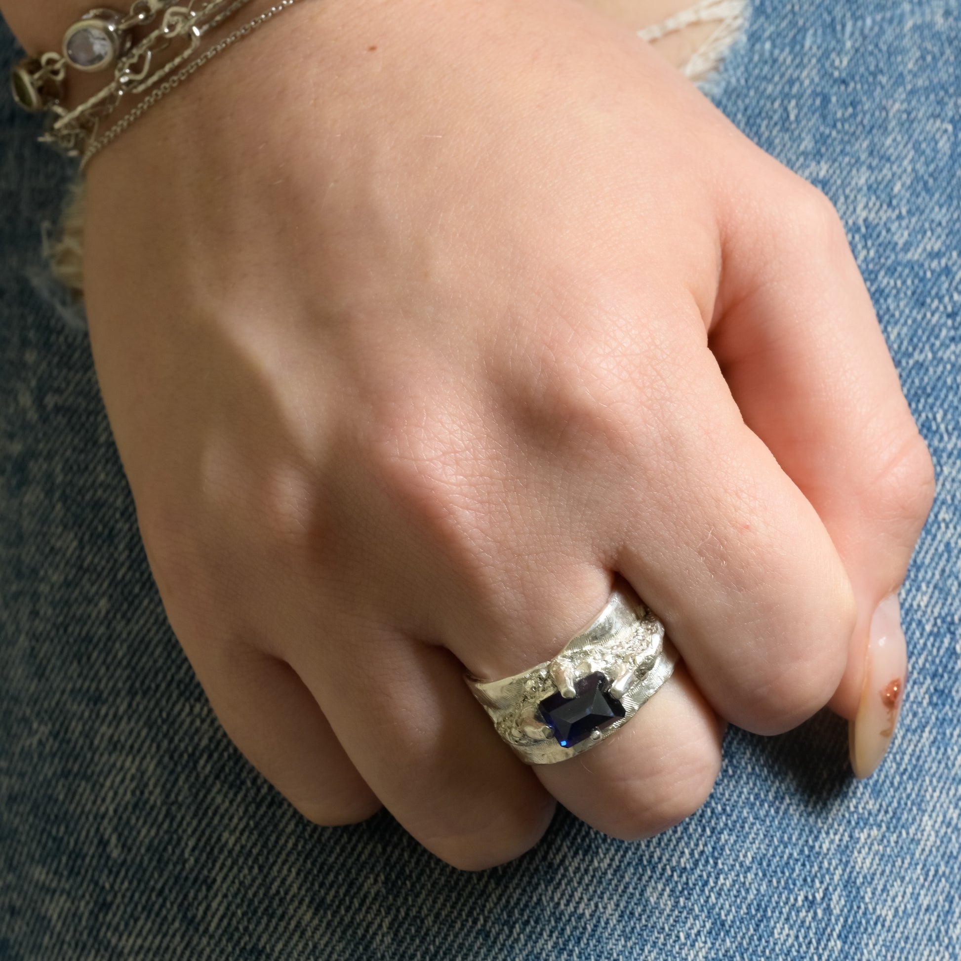 Alternate angle of Molten Silver Sapphire Ring - Fine Silver Statement Ring