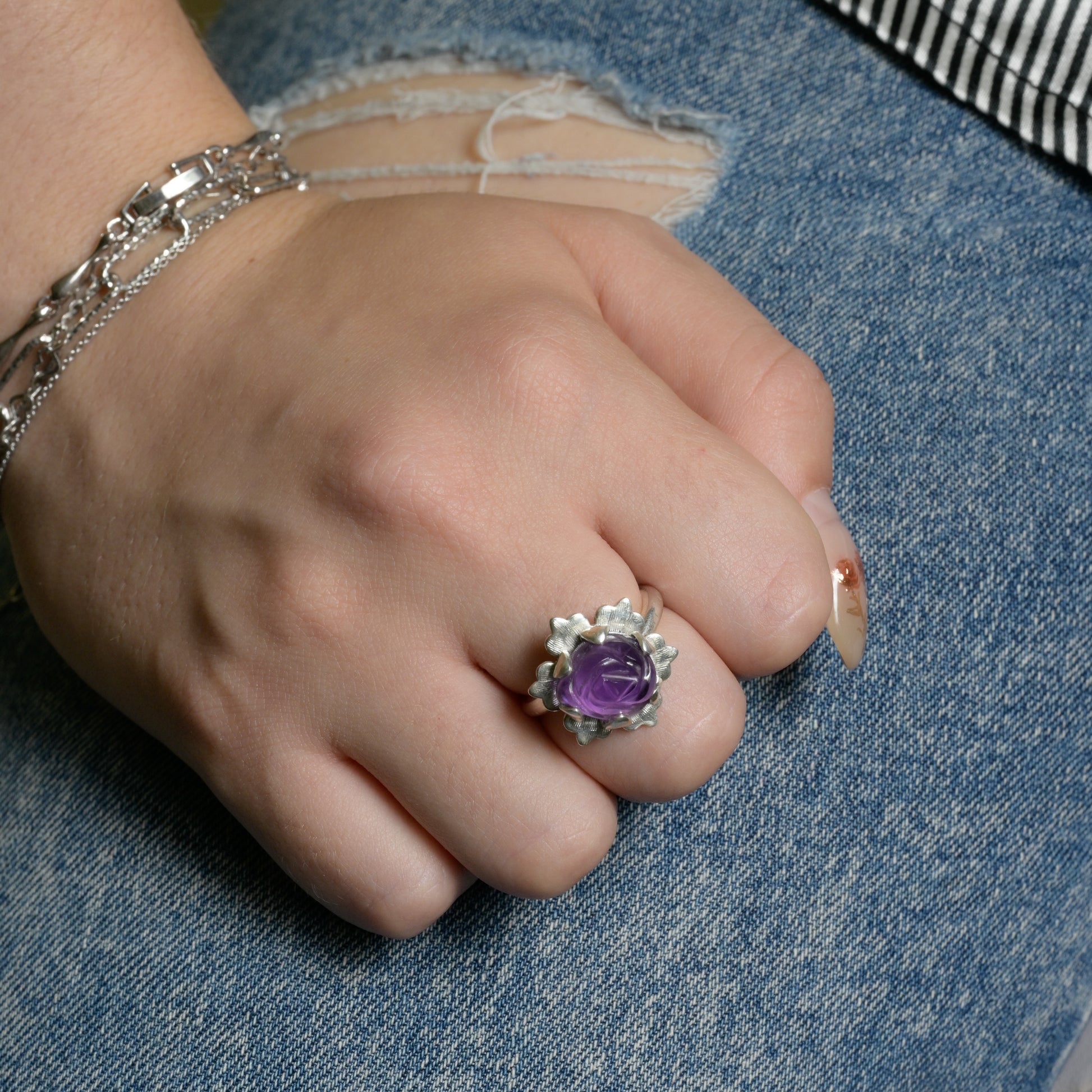 Side view of Purple Amethyst Rose Ring - 999 Fine Silver Bloom Statement Ring