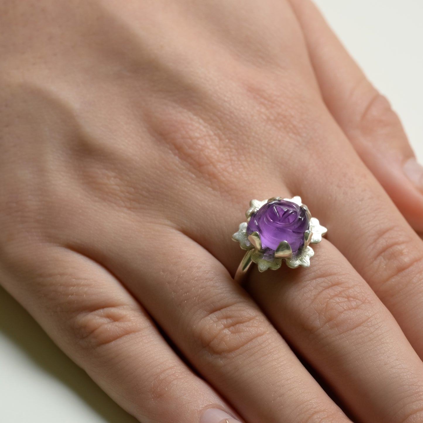 Detail close-up of Purple Amethyst Rose Ring - 999 Fine Silver Bloom Statement Ring