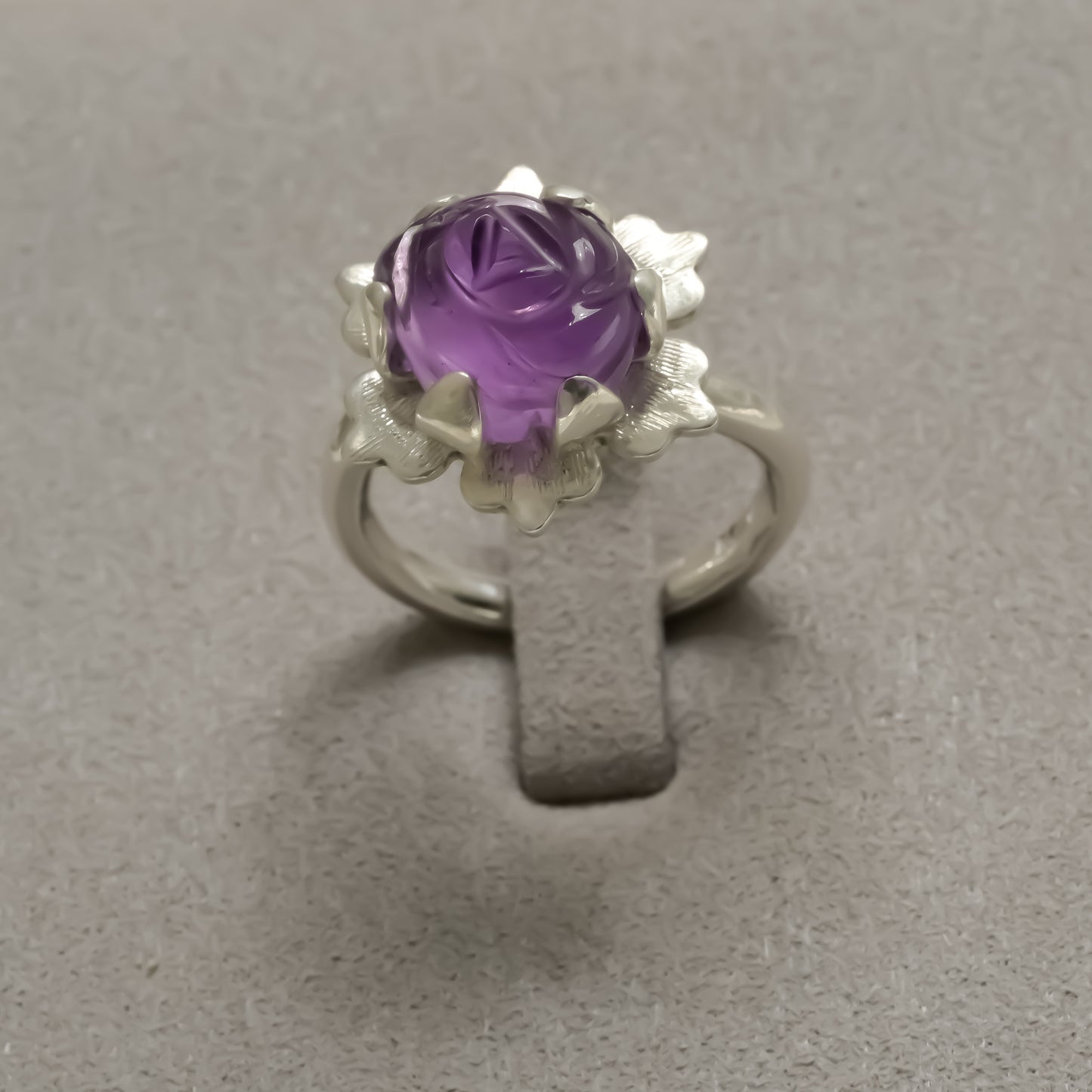 Alternate angle of Purple Amethyst Rose Ring - 999 Fine Silver Bloom Statement Ring