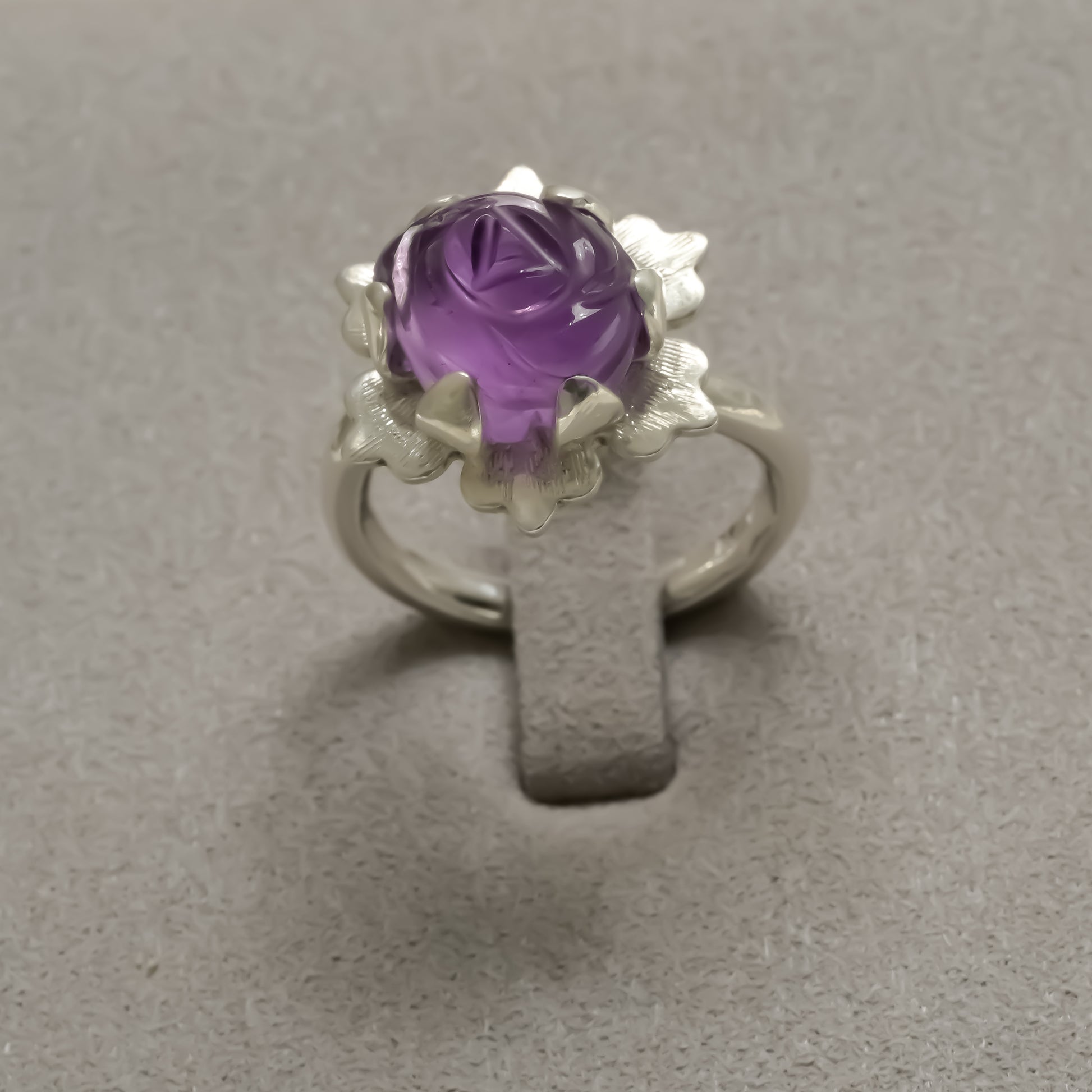 Alternate angle of Purple Amethyst Rose Ring - 999 Fine Silver Bloom Statement Ring