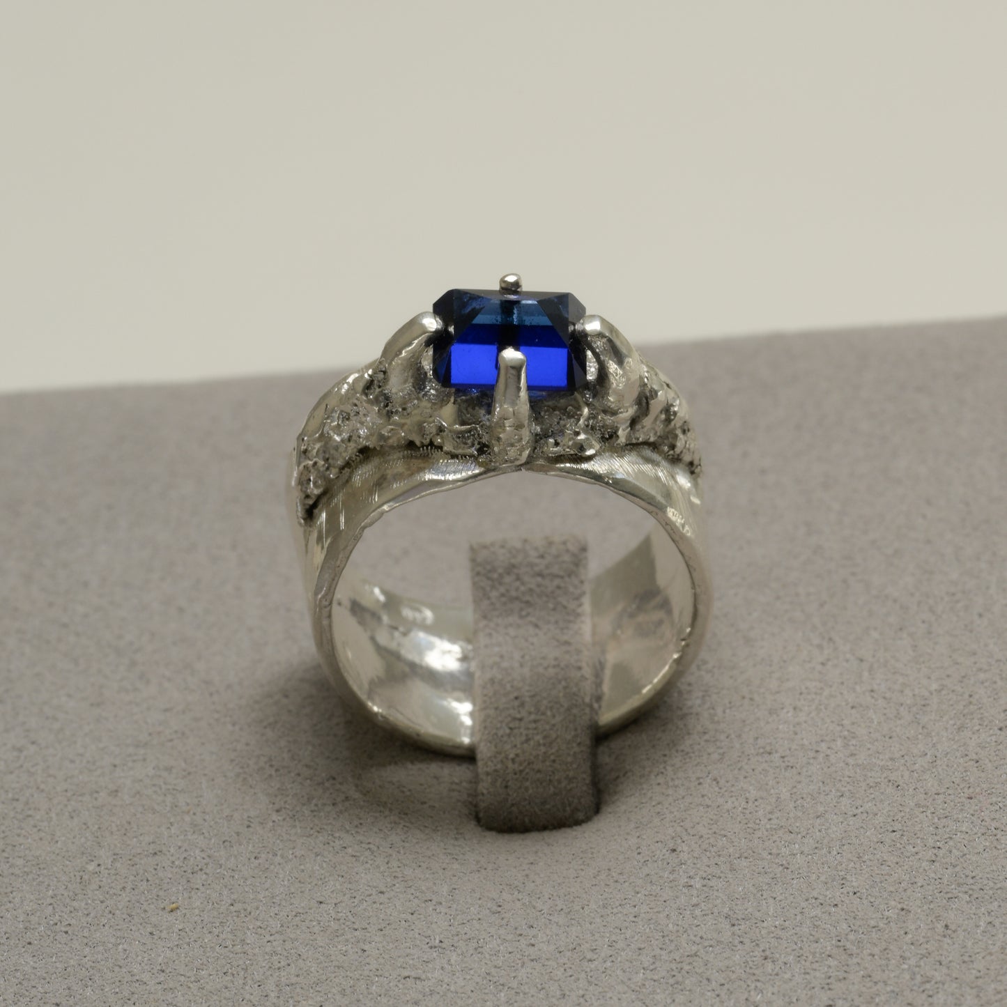 Worn view of Molten Silver Sapphire Ring - Fine Silver Statement Ring