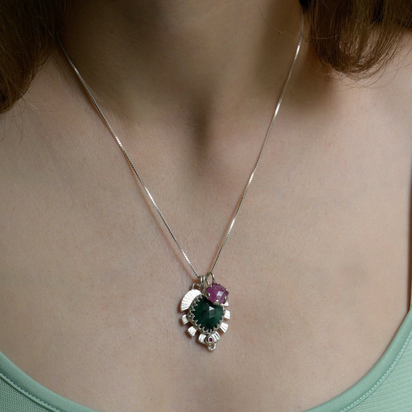 Alternate angle of Emerald Ruby Fine Silver Pendant - Enchanted Garden Bloom