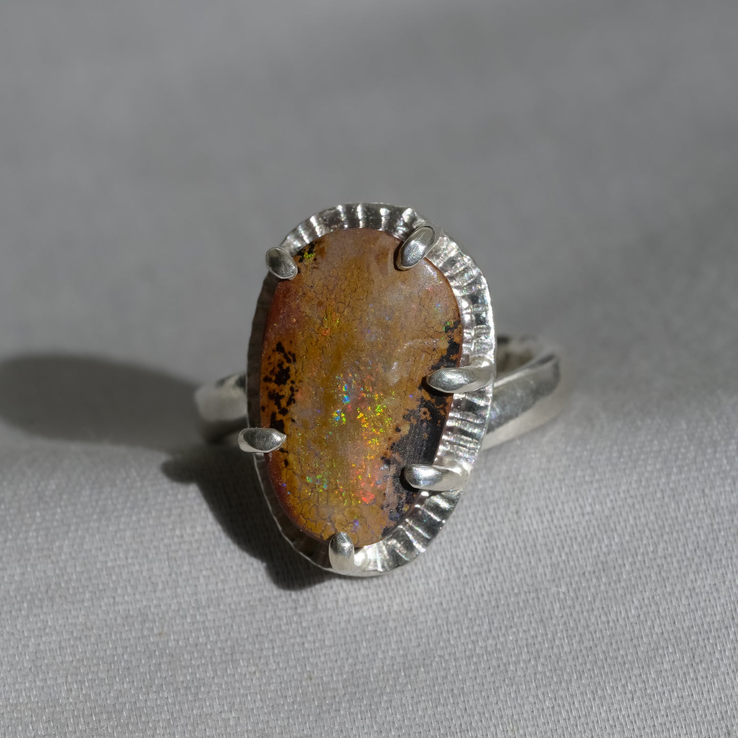 Firestorm Boulder Opal Fine Silver Ring