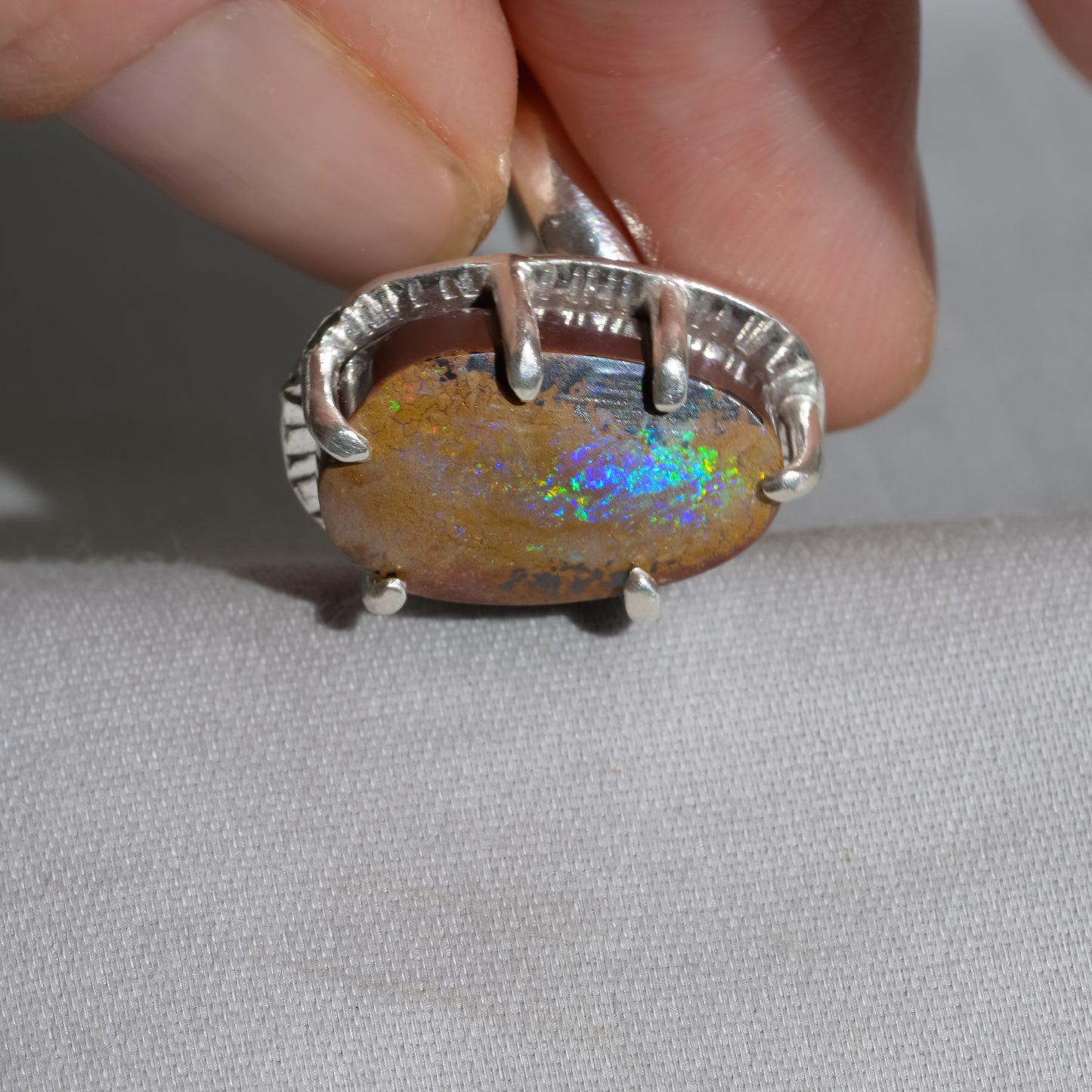 Firestorm Boulder Opal Fine Silver Ring