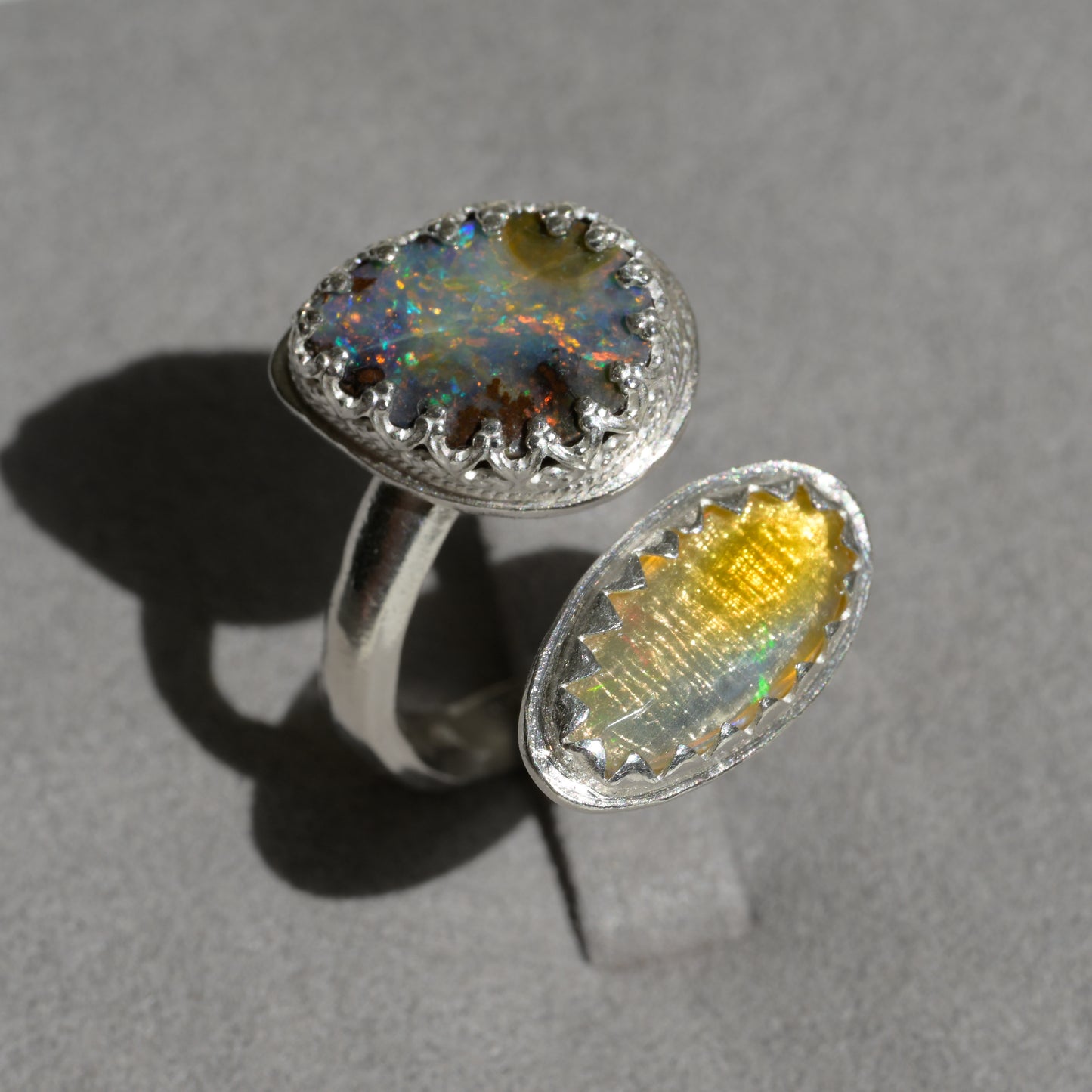 Autumn Leaves Boulder and Crystal Opal Silver Ring