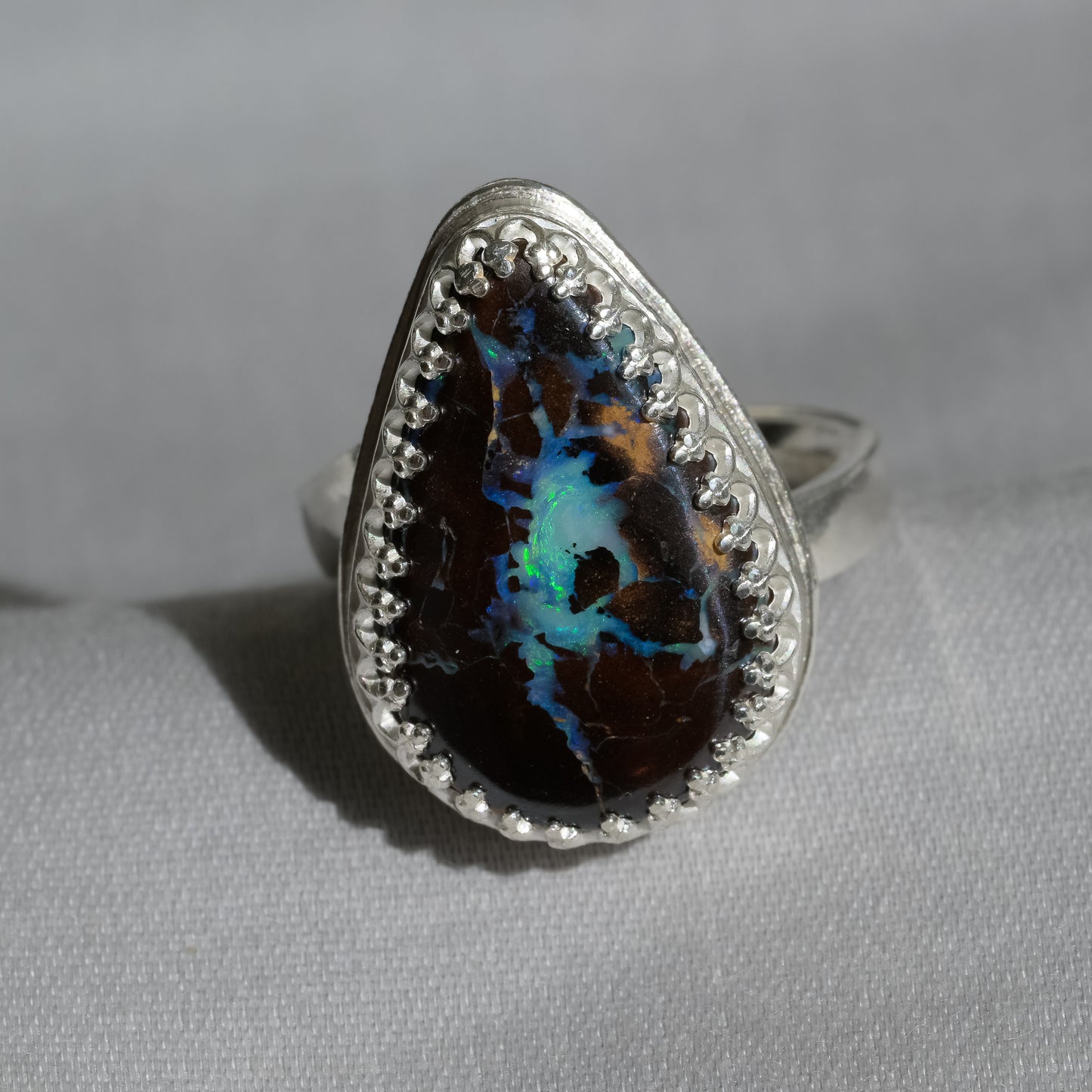 Boulder Opal Teardrop Silver Ring