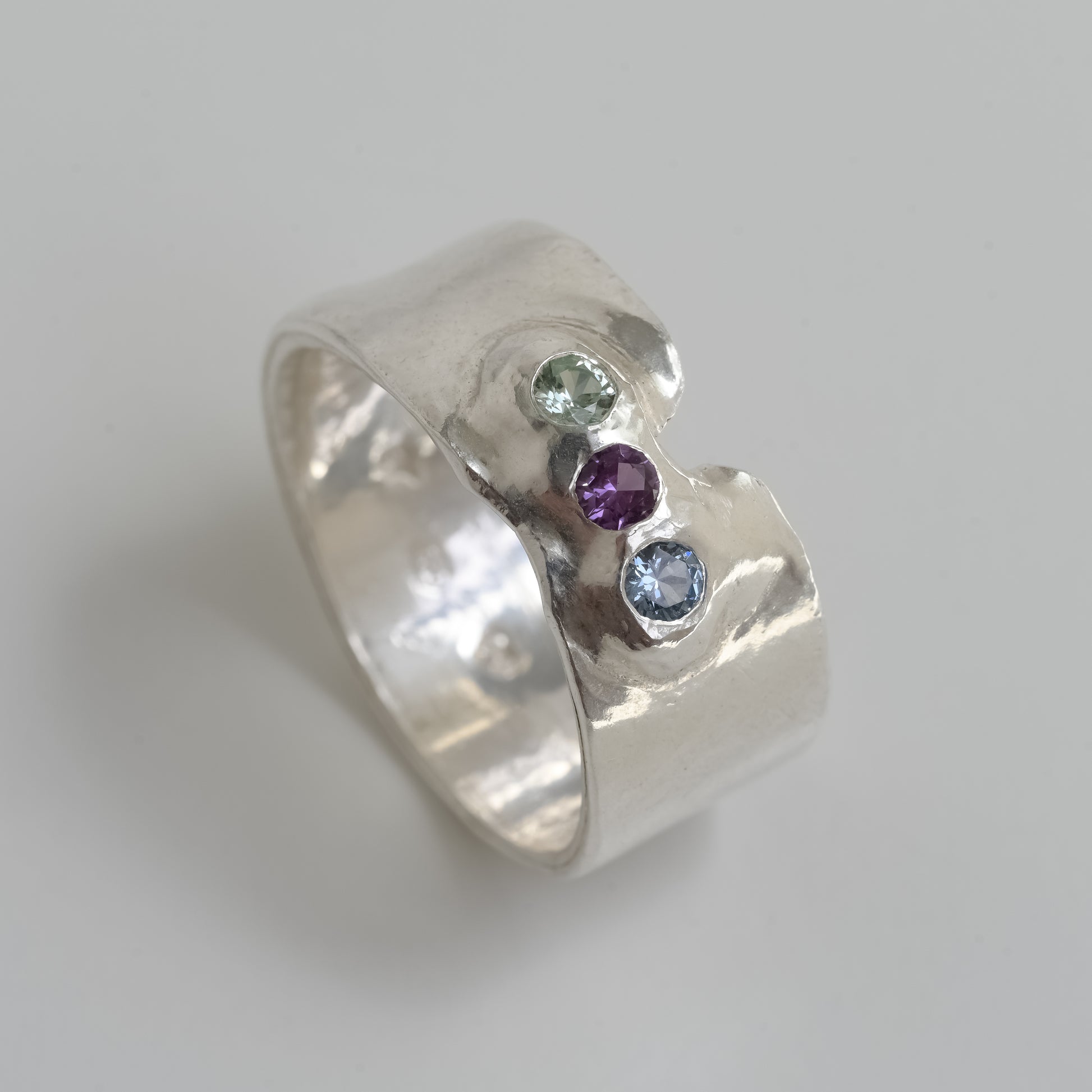 Melted Silver Ring with sapphires Trinity Sky
