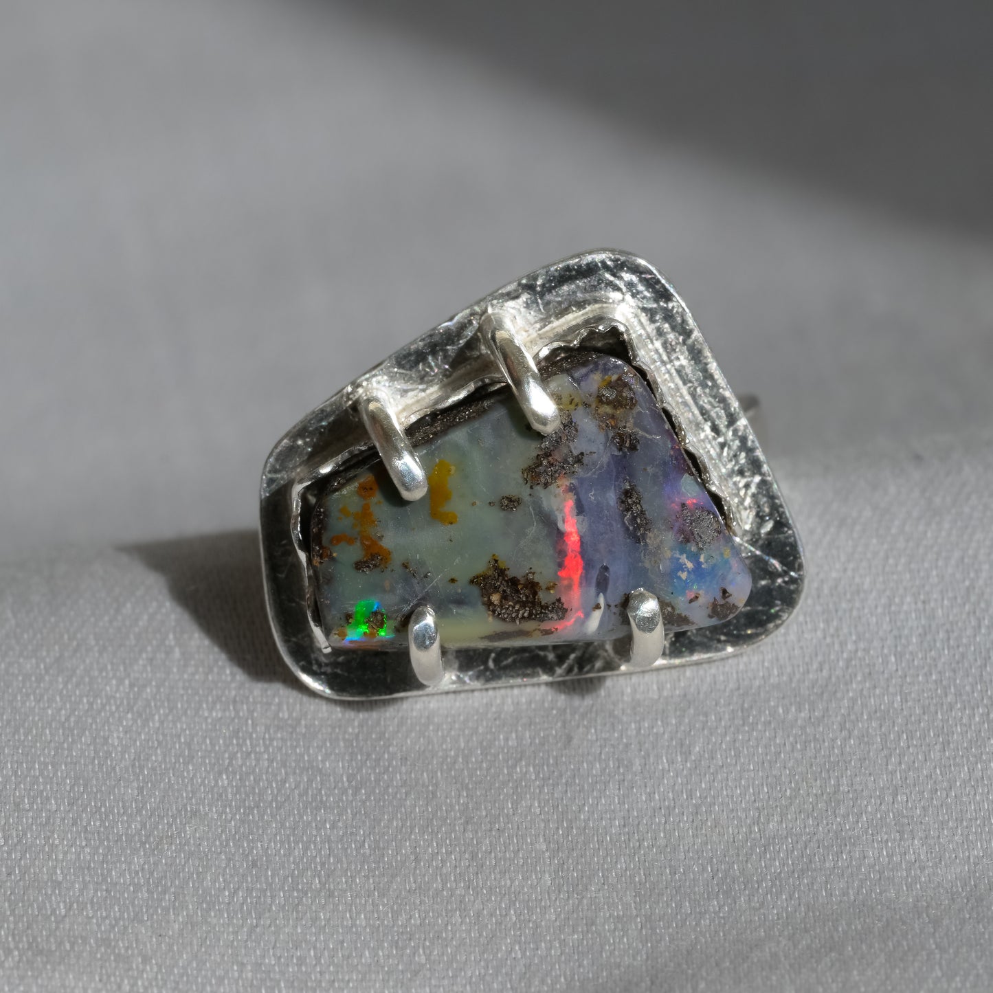 Boulder Opal Asymmetrical Fine Silver Ring
