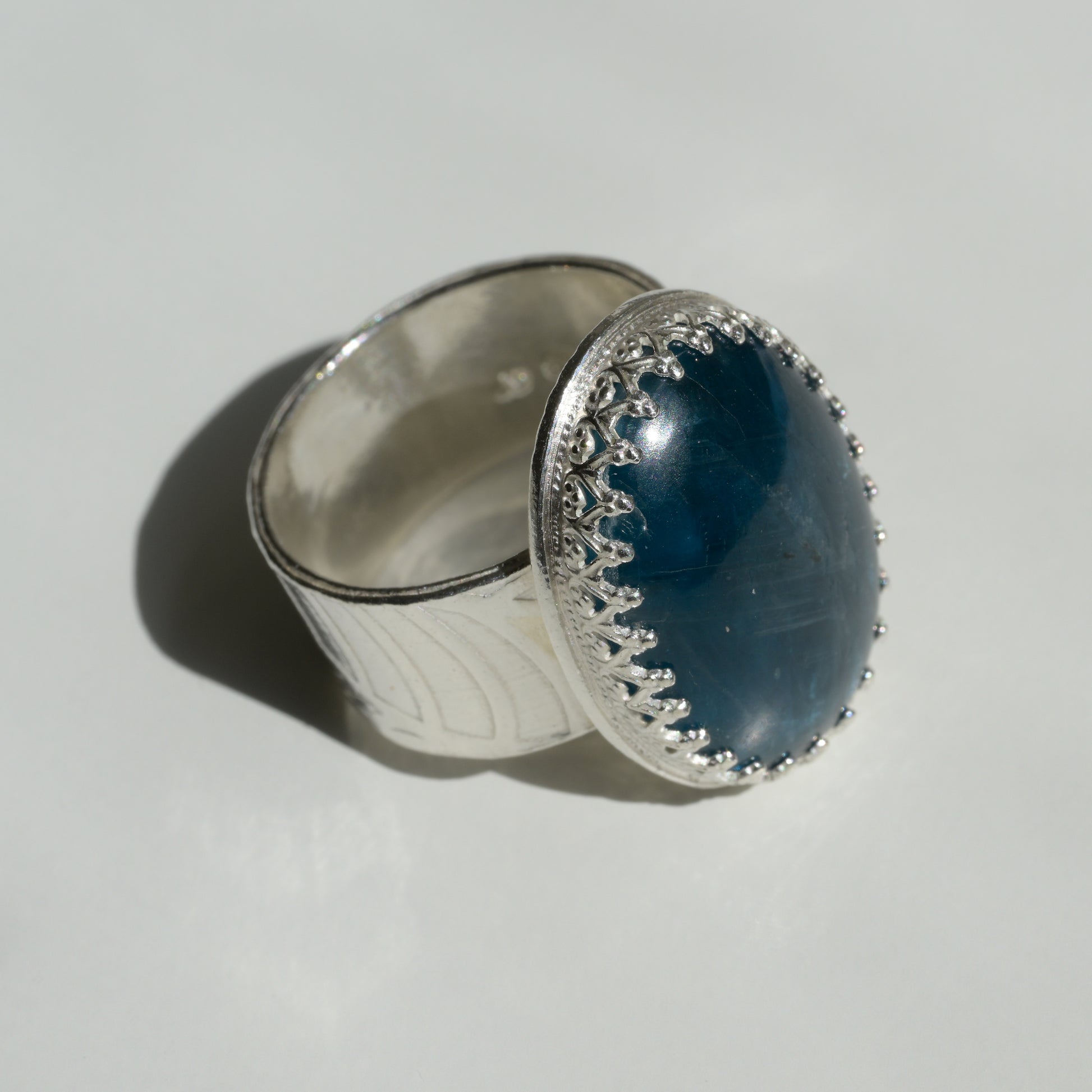 Worn view of Oceanic Dreams Kyanite Ring - Fine Silver Statement Ring