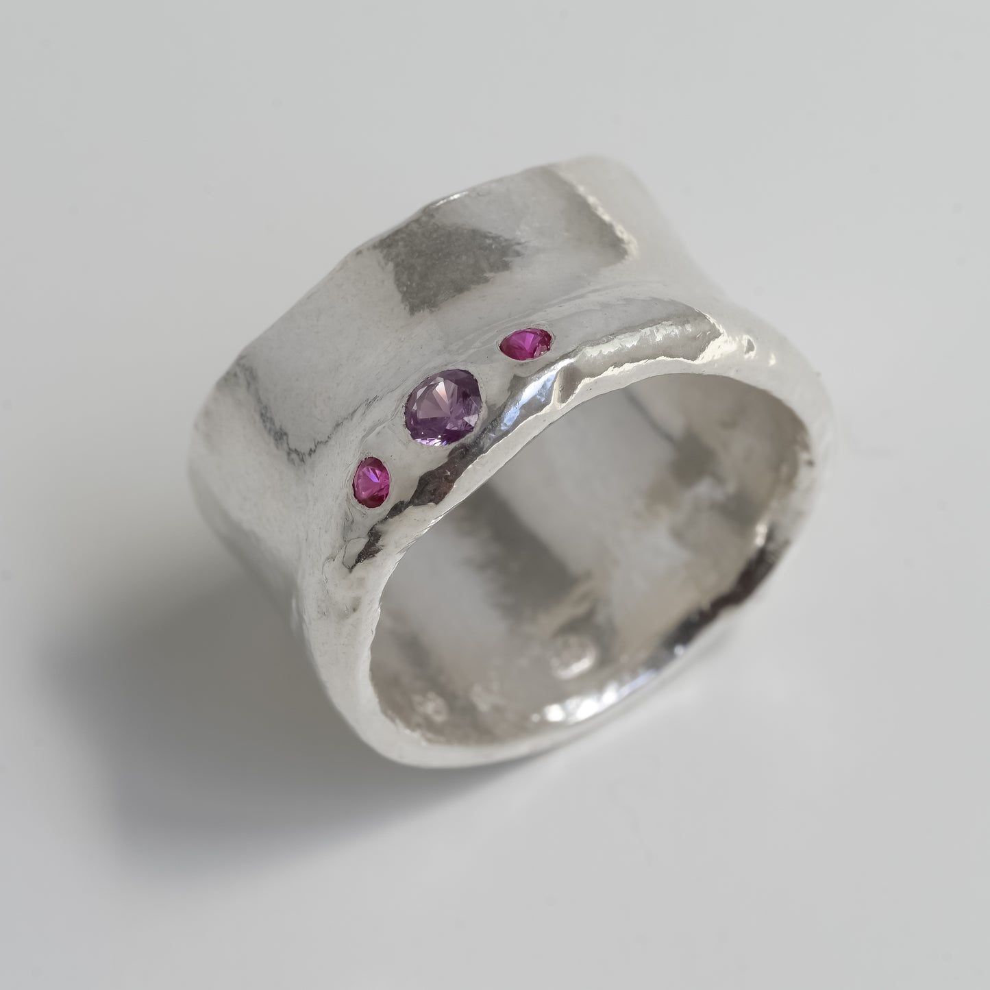 Band - Melted Silver Ring purple sapphire and rubies