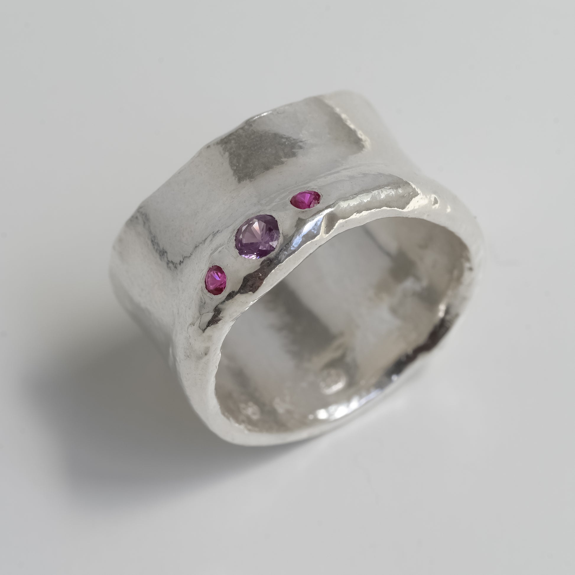 Band - Melted Silver Ring purple sapphire and rubies