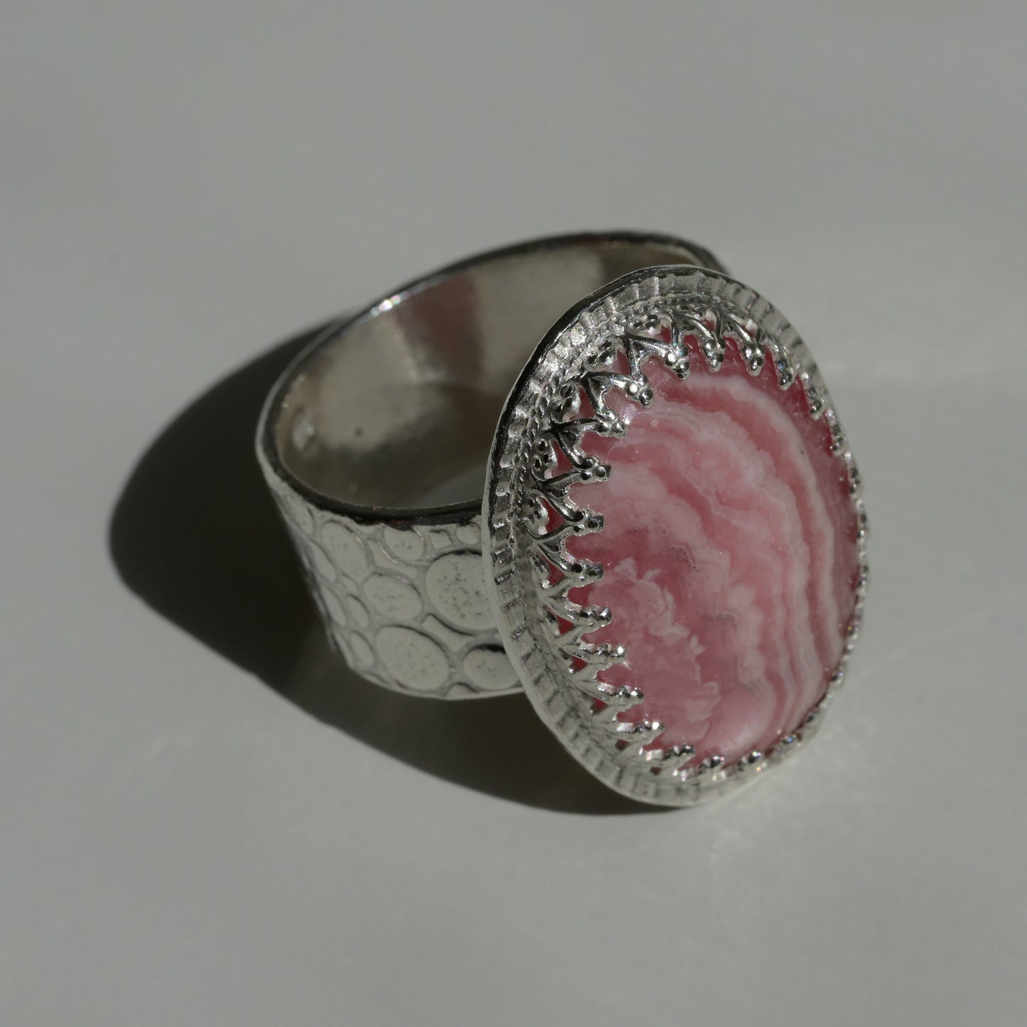 Worn view of Pink Rhodochrosite Ring - Fine Silver Statement Piece