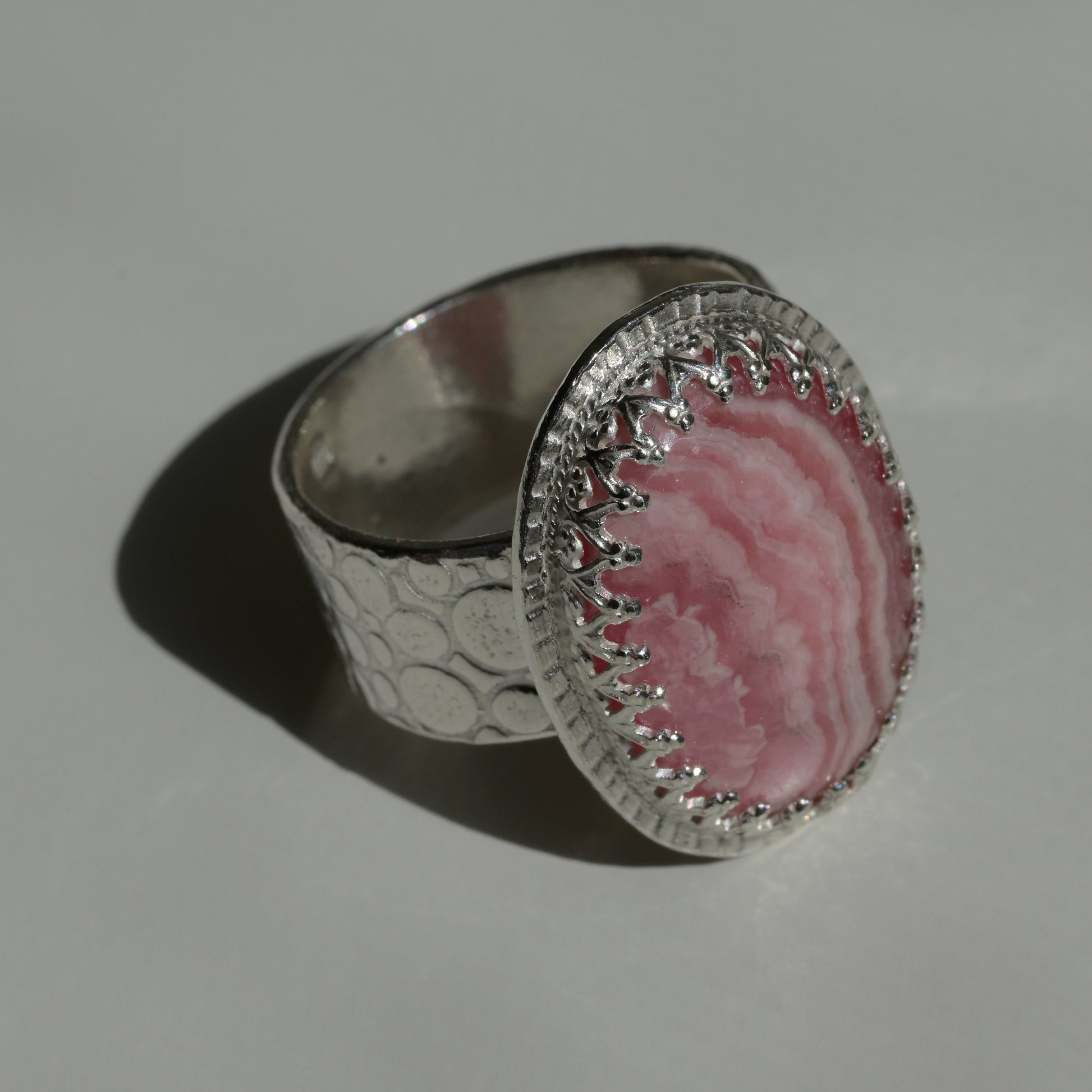 Worn view of Pink Rhodochrosite Ring - Fine Silver Statement Piece
