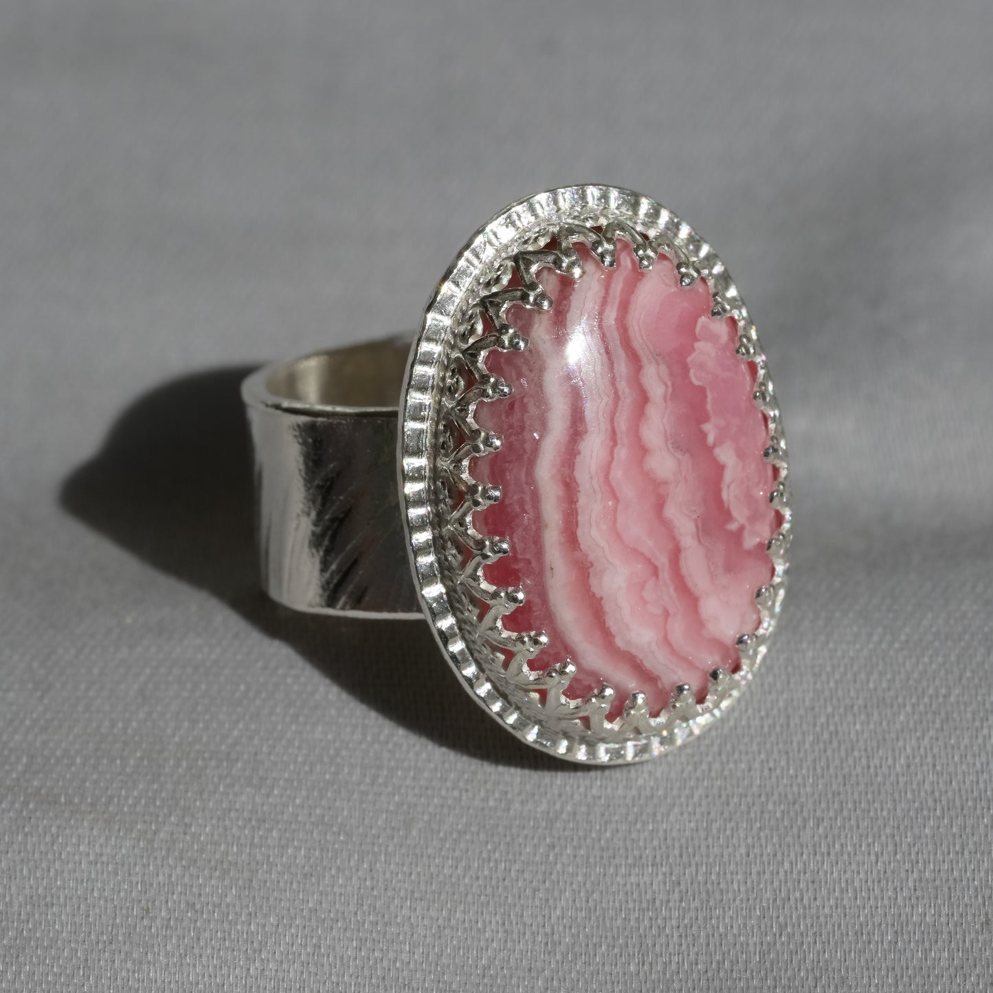 Alternate angle of Pink Rhodochrosite Ring - Fine Silver Statement Piece