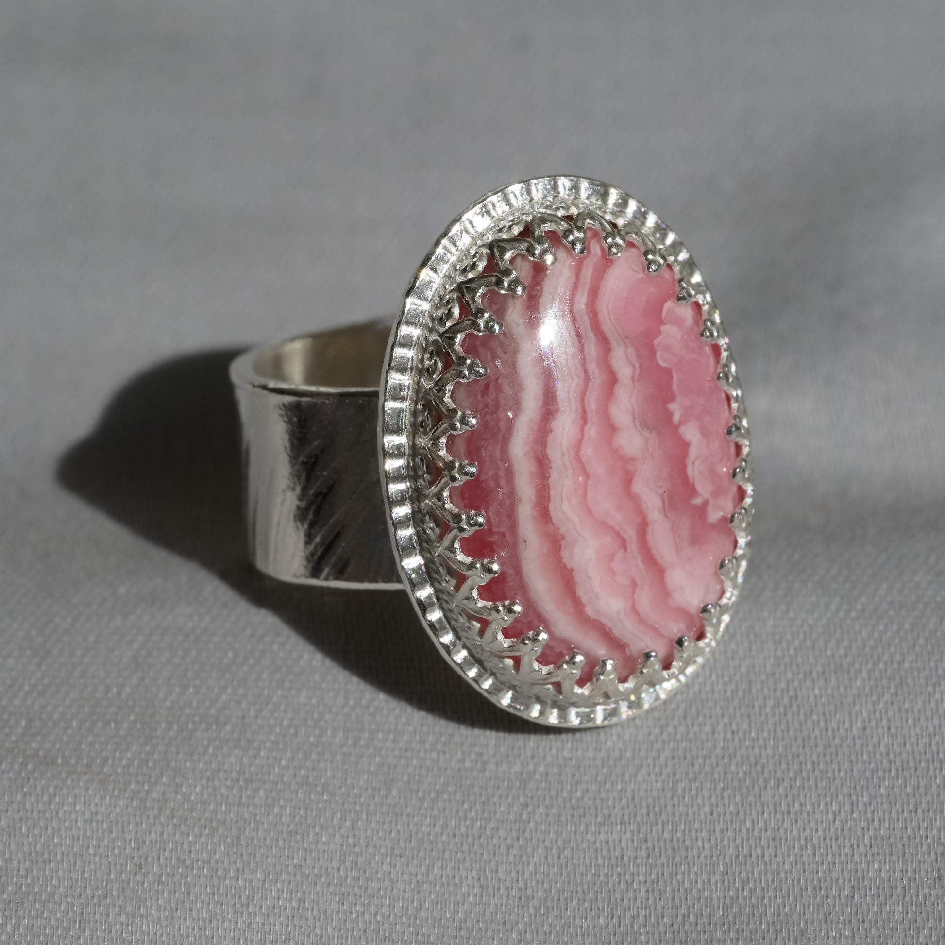 Alternate angle of Pink Rhodochrosite Ring - Fine Silver Statement Piece