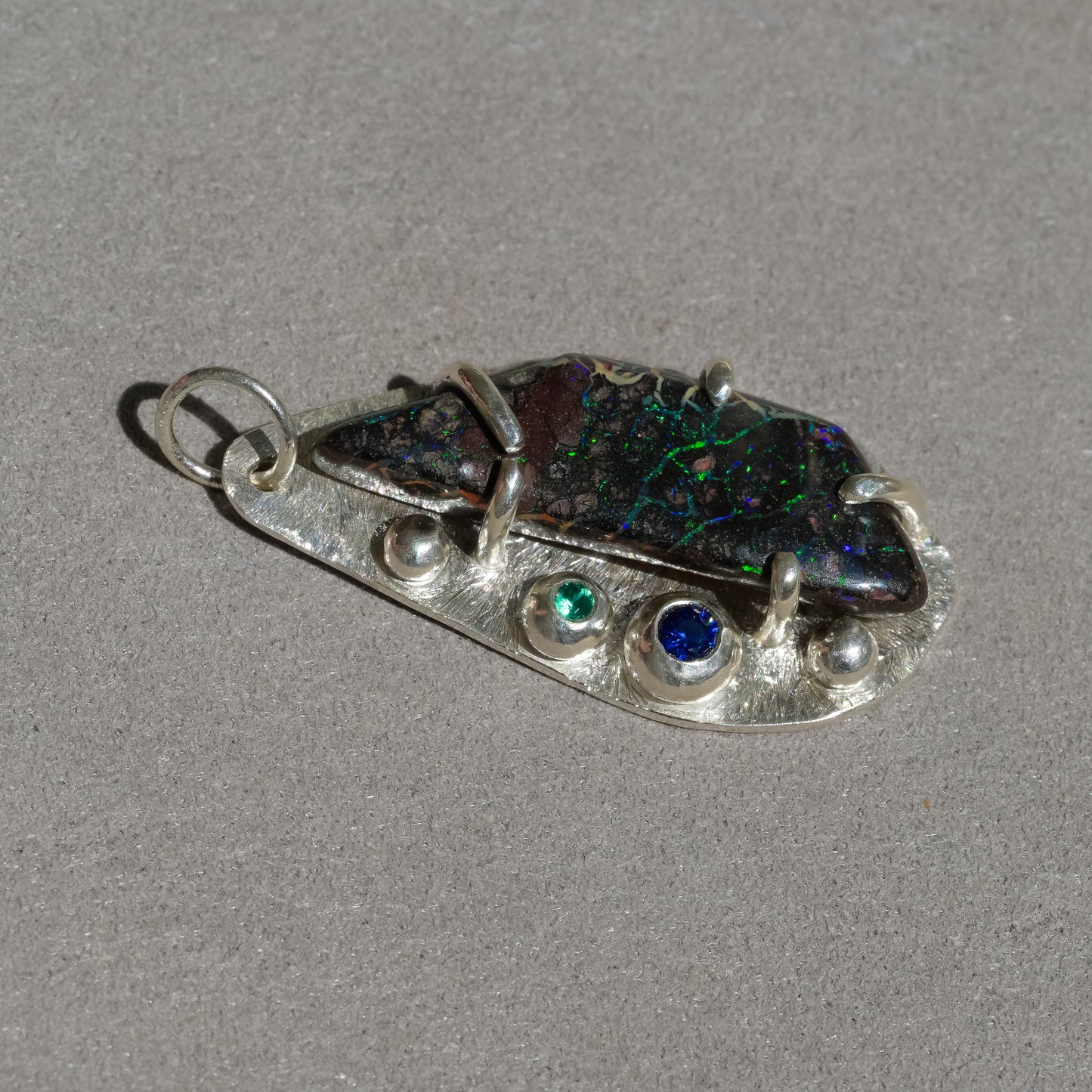 Boulder Opal Cosmos Pendant - Fine Silver & Sapphire Emerald