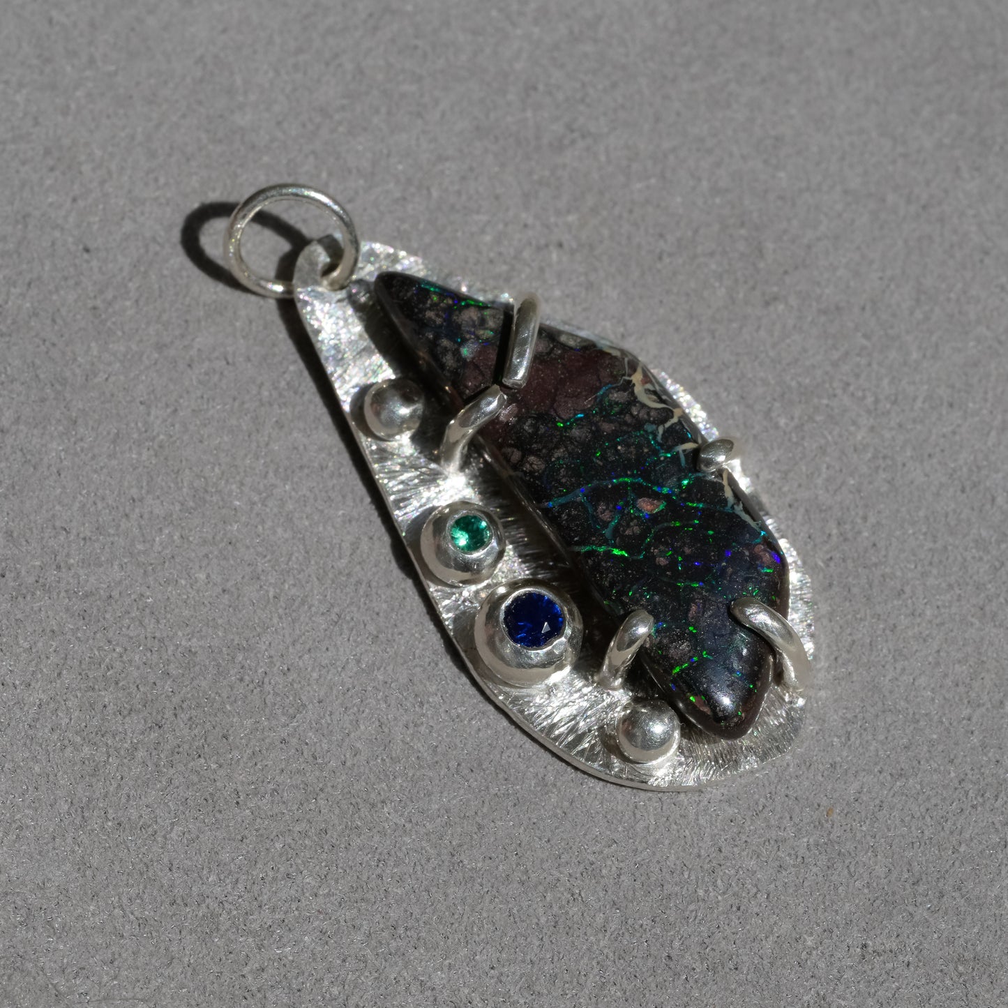Boulder Opal Cosmos Pendant - Fine Silver & Sapphire Emerald