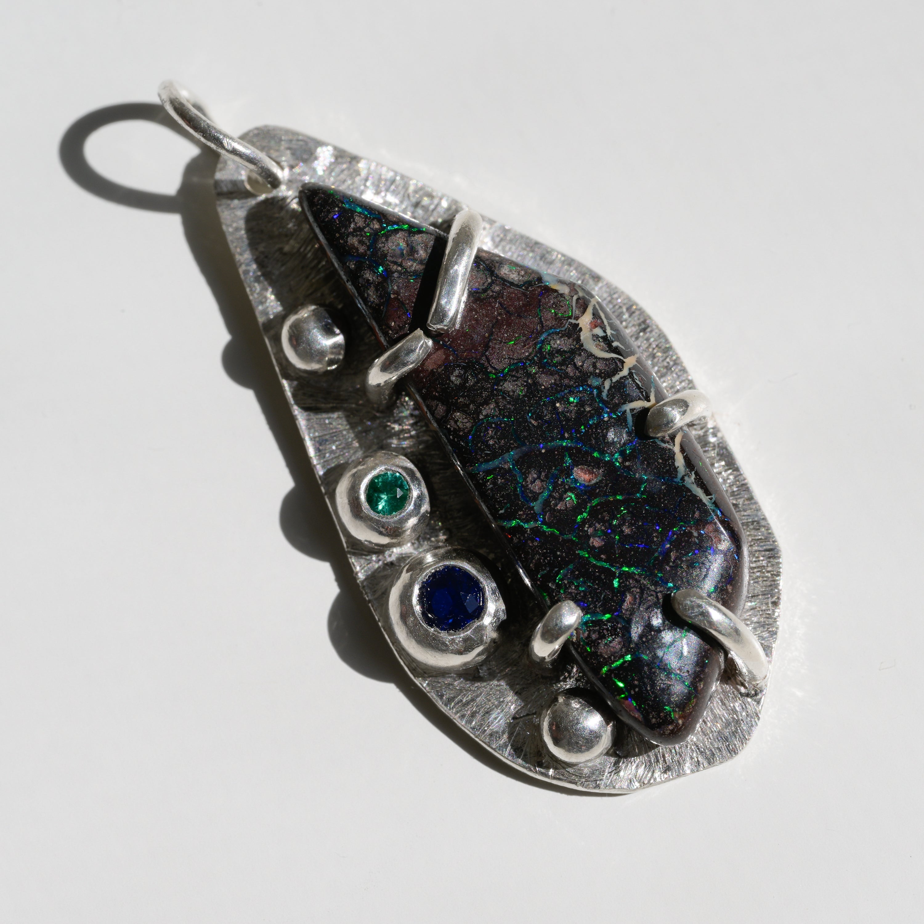 Boulder Opal Cosmos Pendant | Fine Silver Sapphire Emerald