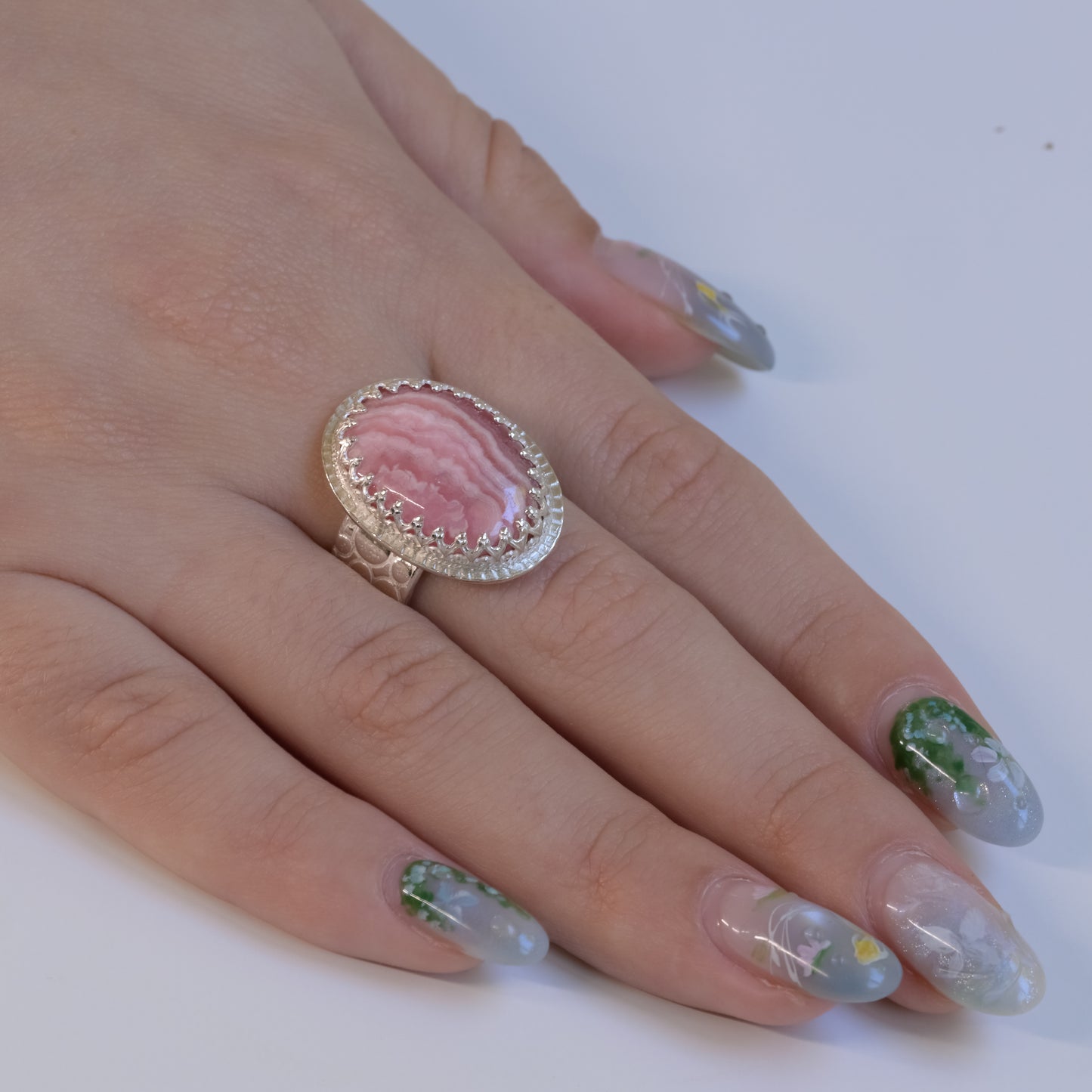 Side view of Pink Rhodochrosite Ring - Fine Silver Statement Piece