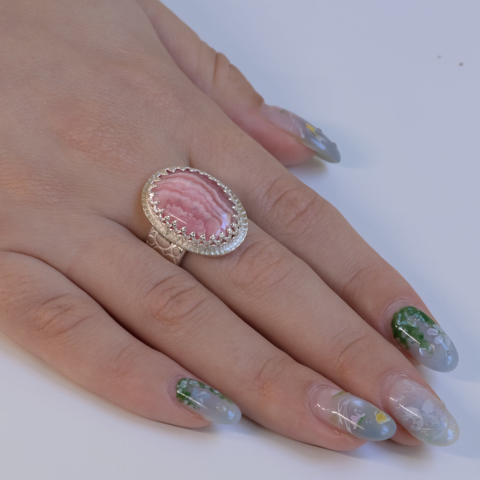 Side view of Pink Rhodochrosite Ring - Fine Silver Statement Piece