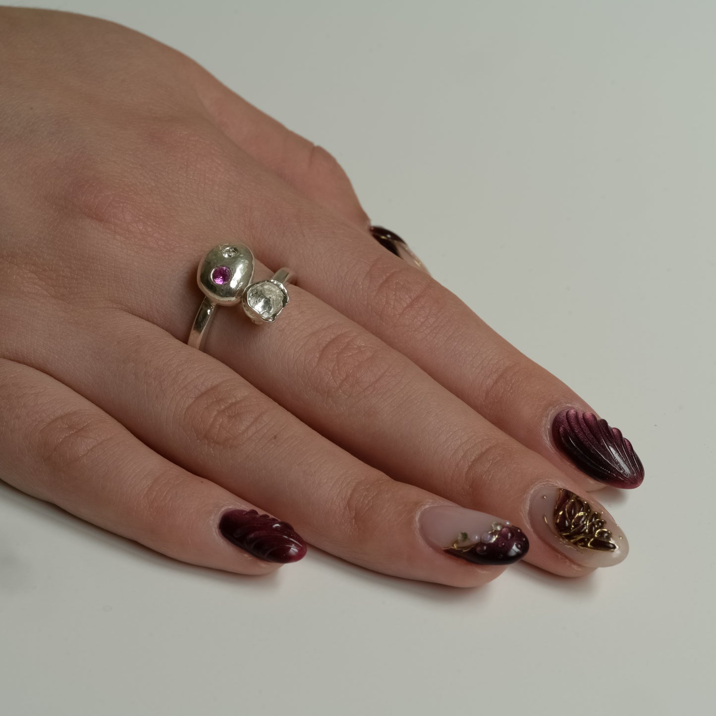 Side view of Pink Sapphire Splash Melted Silver Ring - One of a Kind Fine Silver