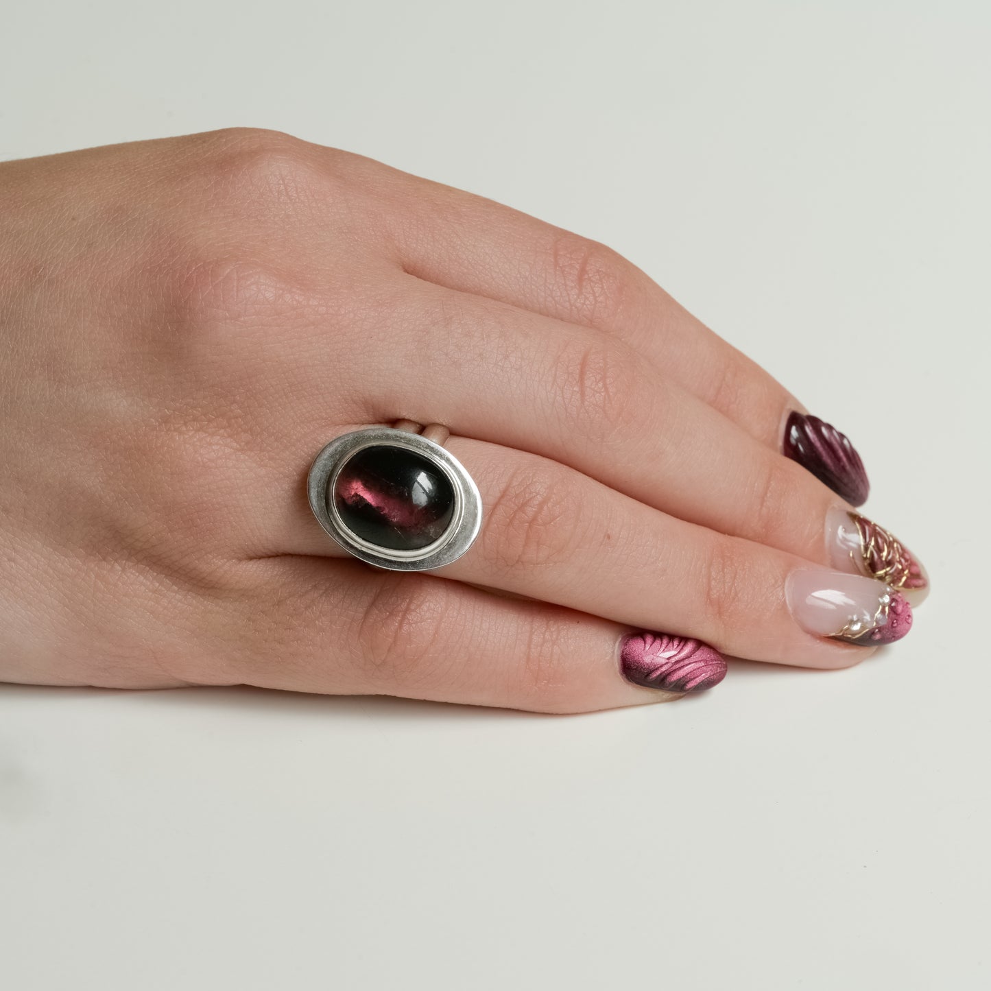Alternate angle of Enchanted Bicolour Pink Tourmaline Ring - Fine Silver Solitaire
