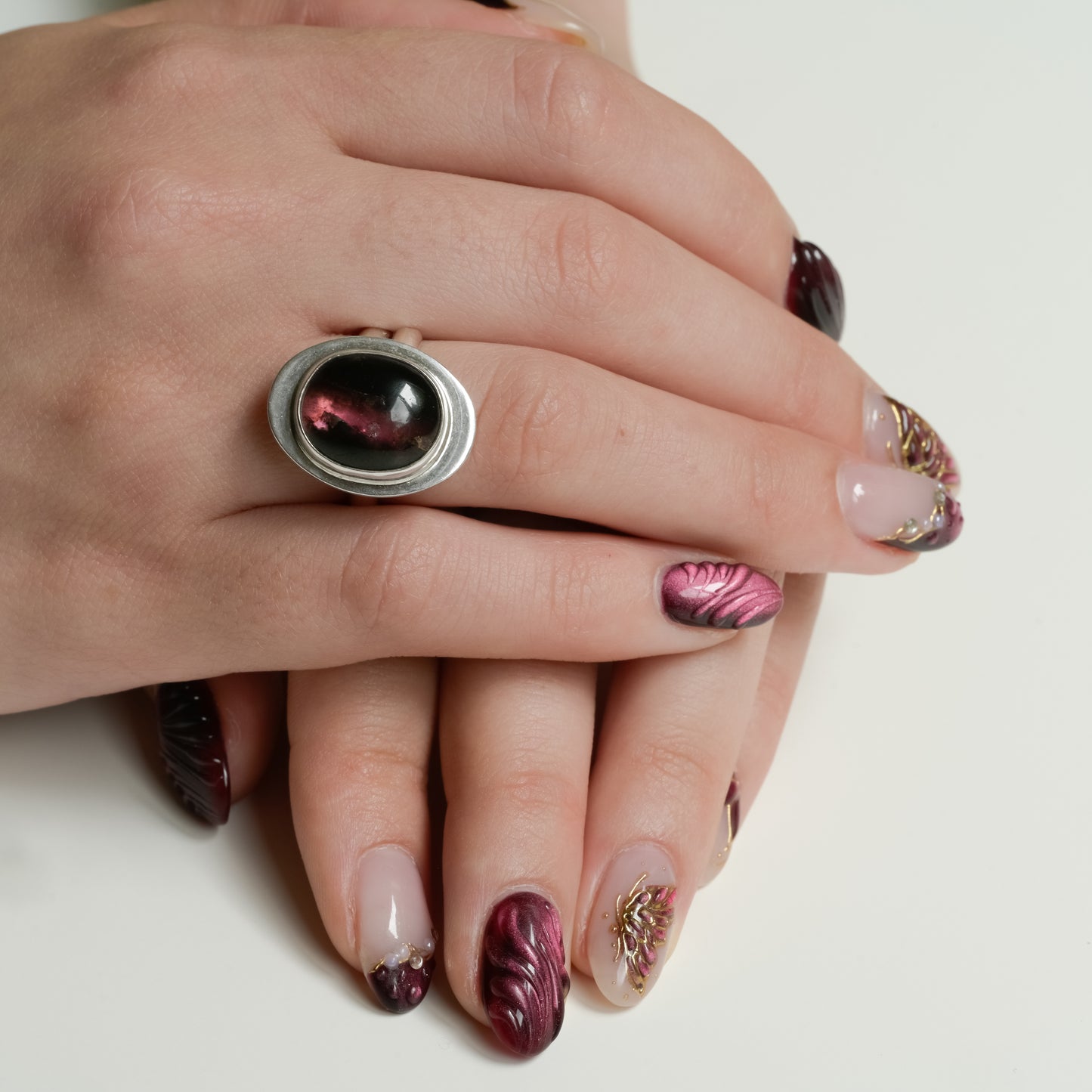 Detail close-up of Enchanted Bicolour Pink Tourmaline Ring - Fine Silver Solitaire