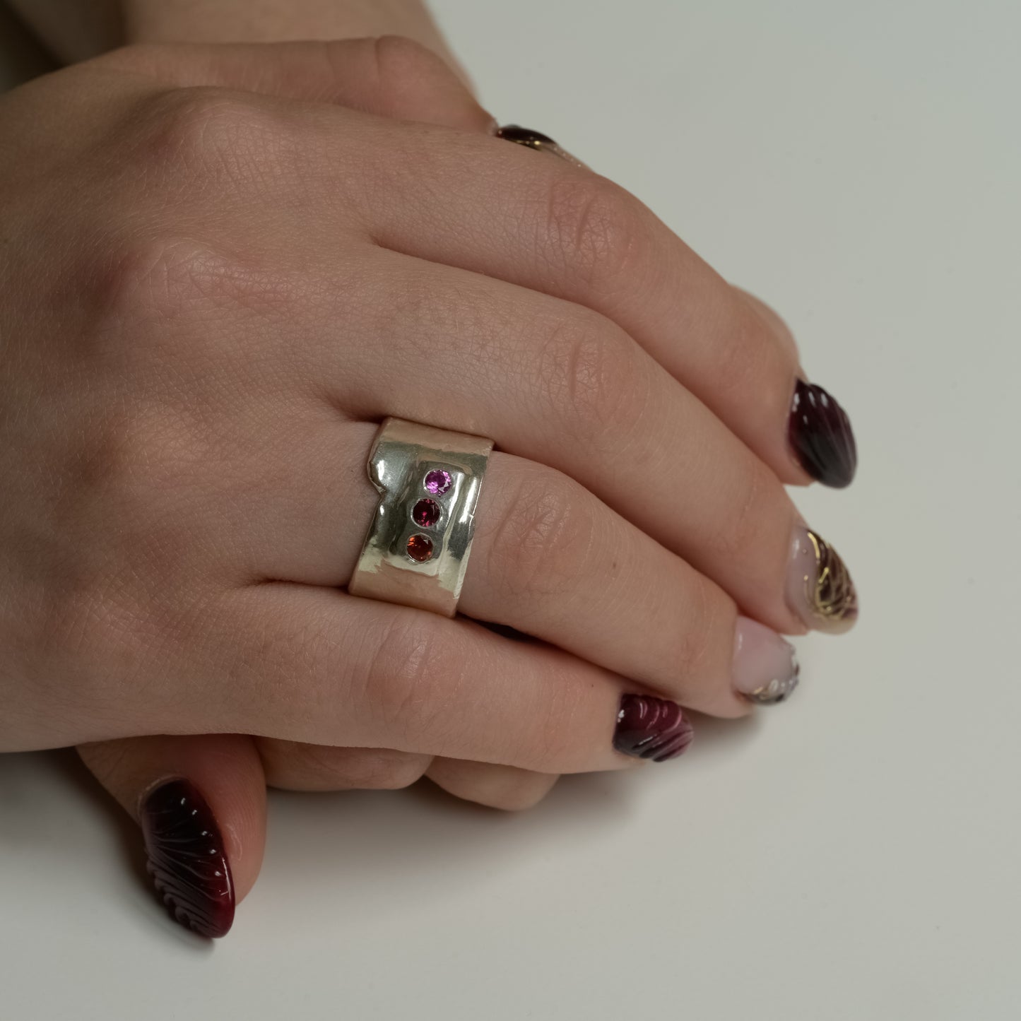 Side view of Ruby Sapphire Fine Silver Ring - Sunset Trio Statement Ring