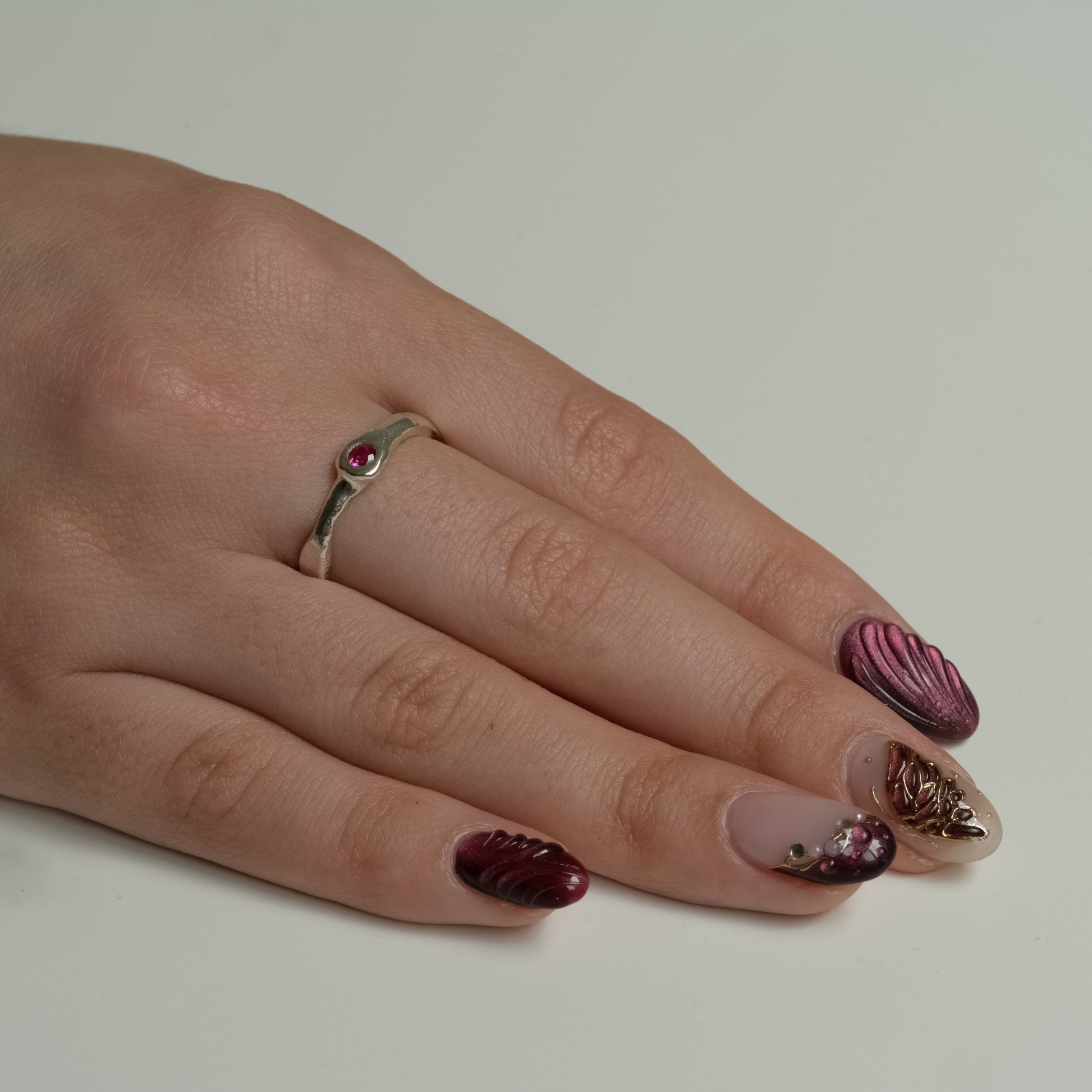 Worn view of Ruby Whisper Ring - Fine Silver