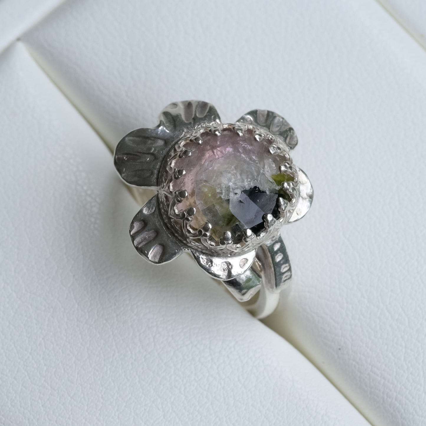 Detail close-up of Watermelon Tourmaline Leaf Ring in Fine Silver