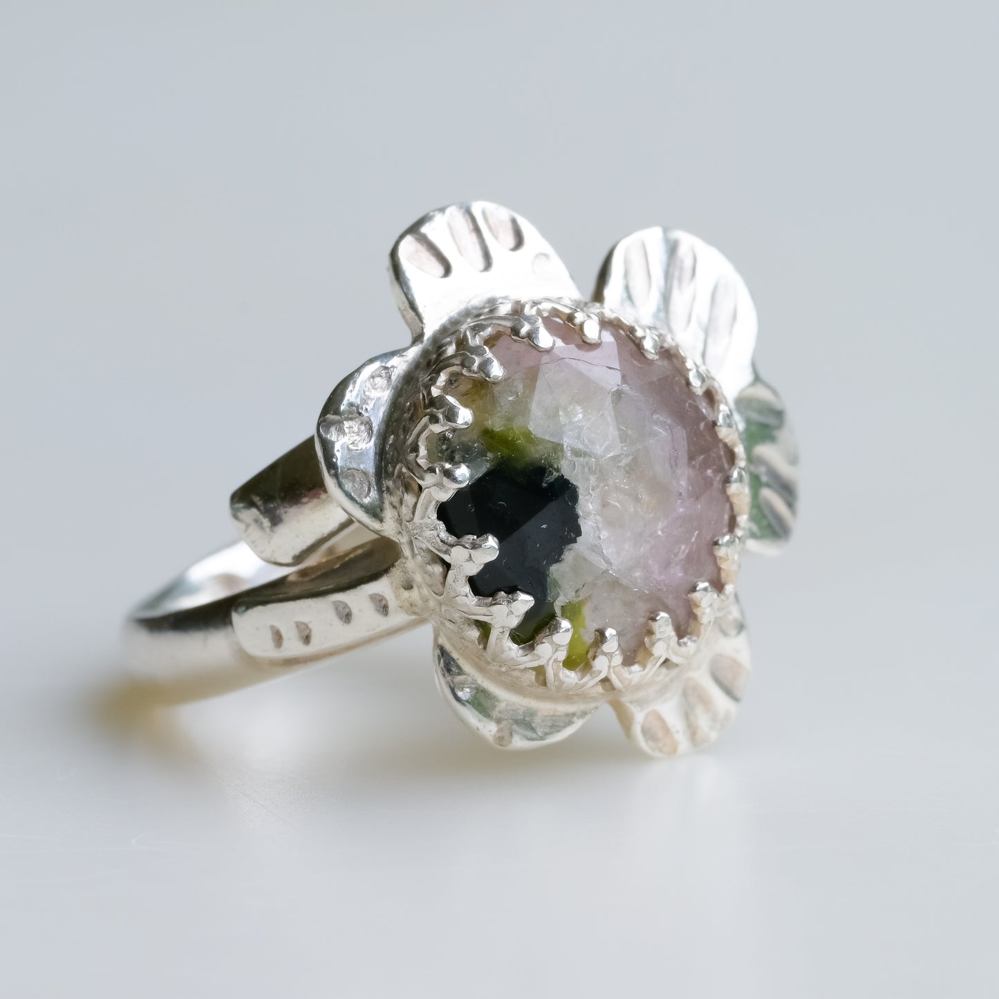 Watermelon Tourmaline Leaf Ring in Fine Silver
