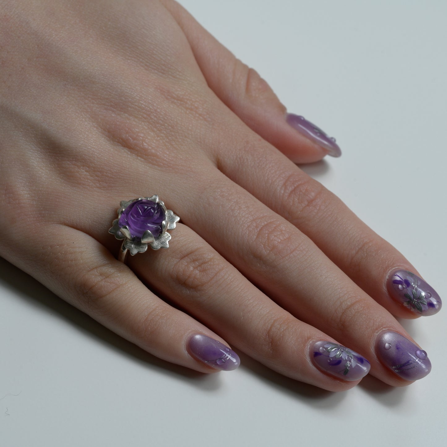 Purple Amethyst Rose Ring - 999 Fine Silver Bloom Statement Ring