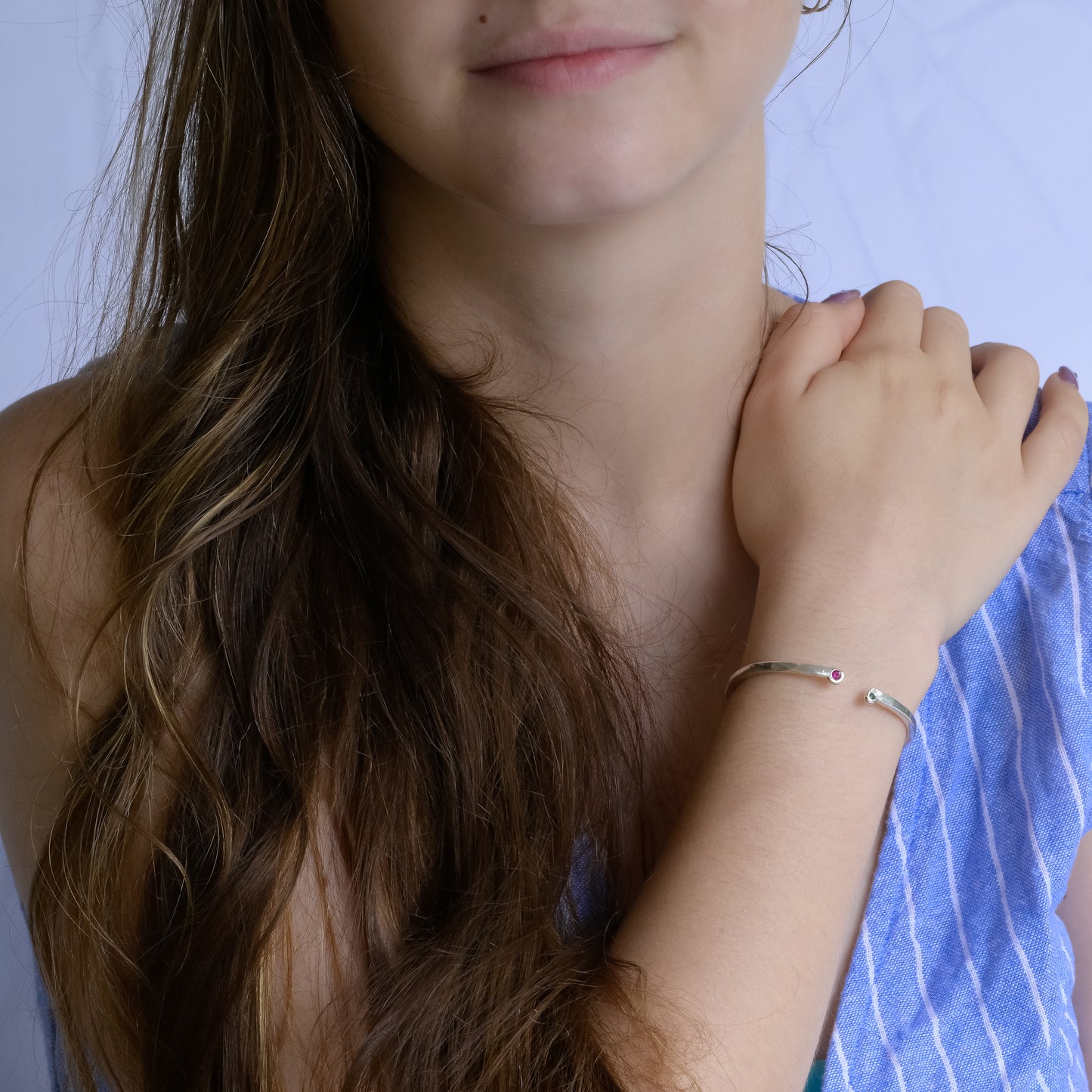 Celestial Duo Sapphires Fine Silver Bracelet Hammered