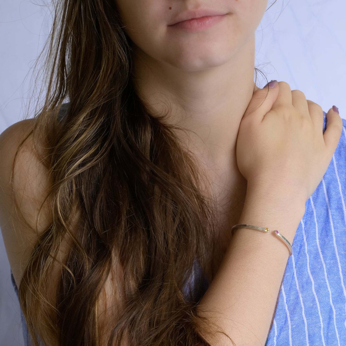 Celestial Duo Sapphires Fine Silver Bracelet Hammered