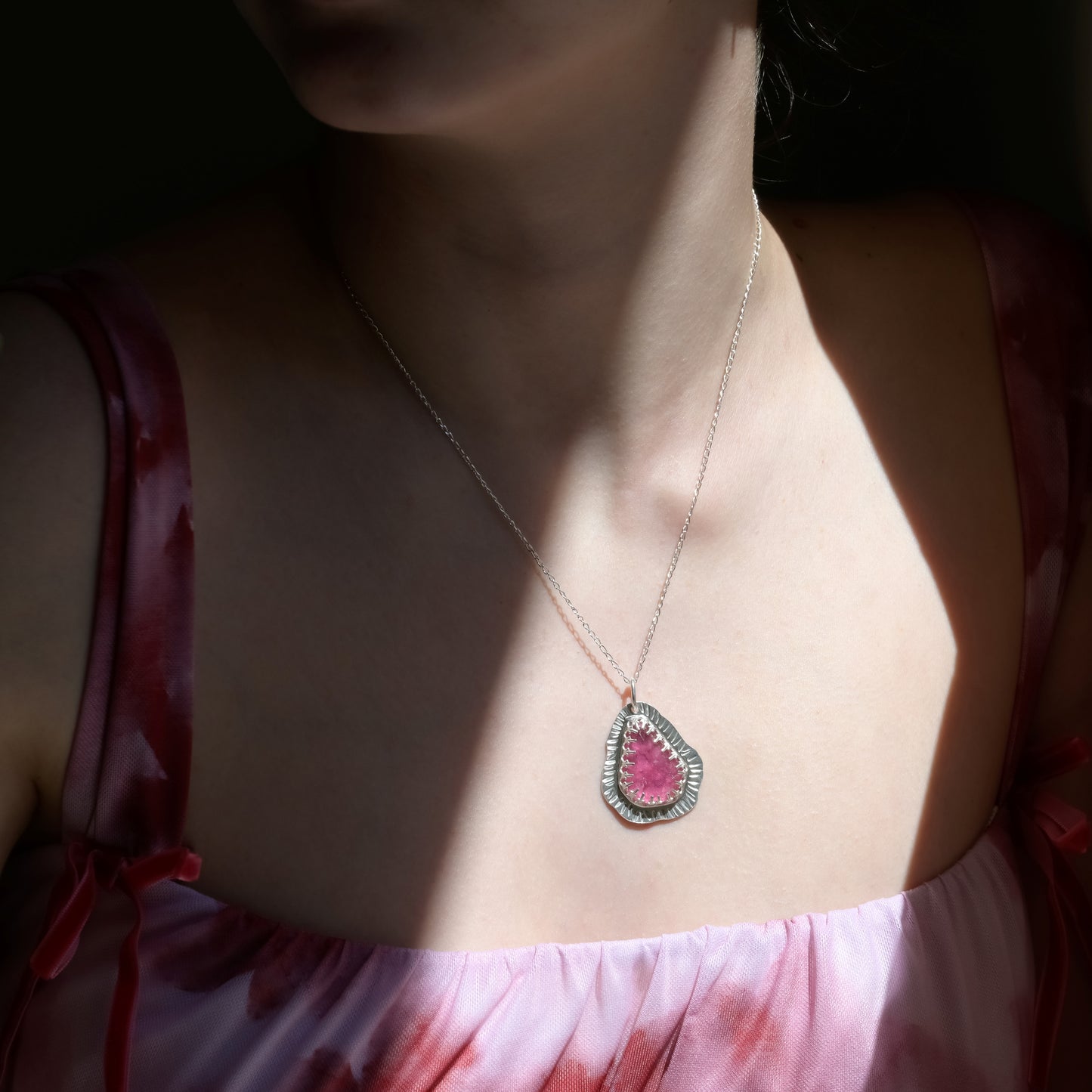 Sunburst Pink Tourmaline Silver Pendant