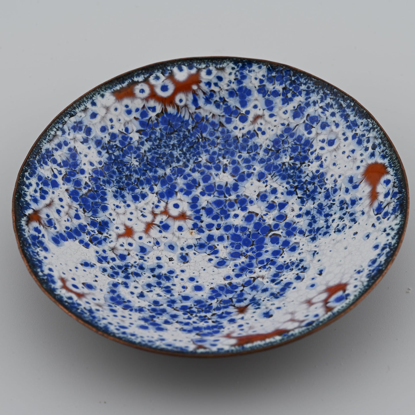 Enameled Copper Bowl "Blue flowers with orange"