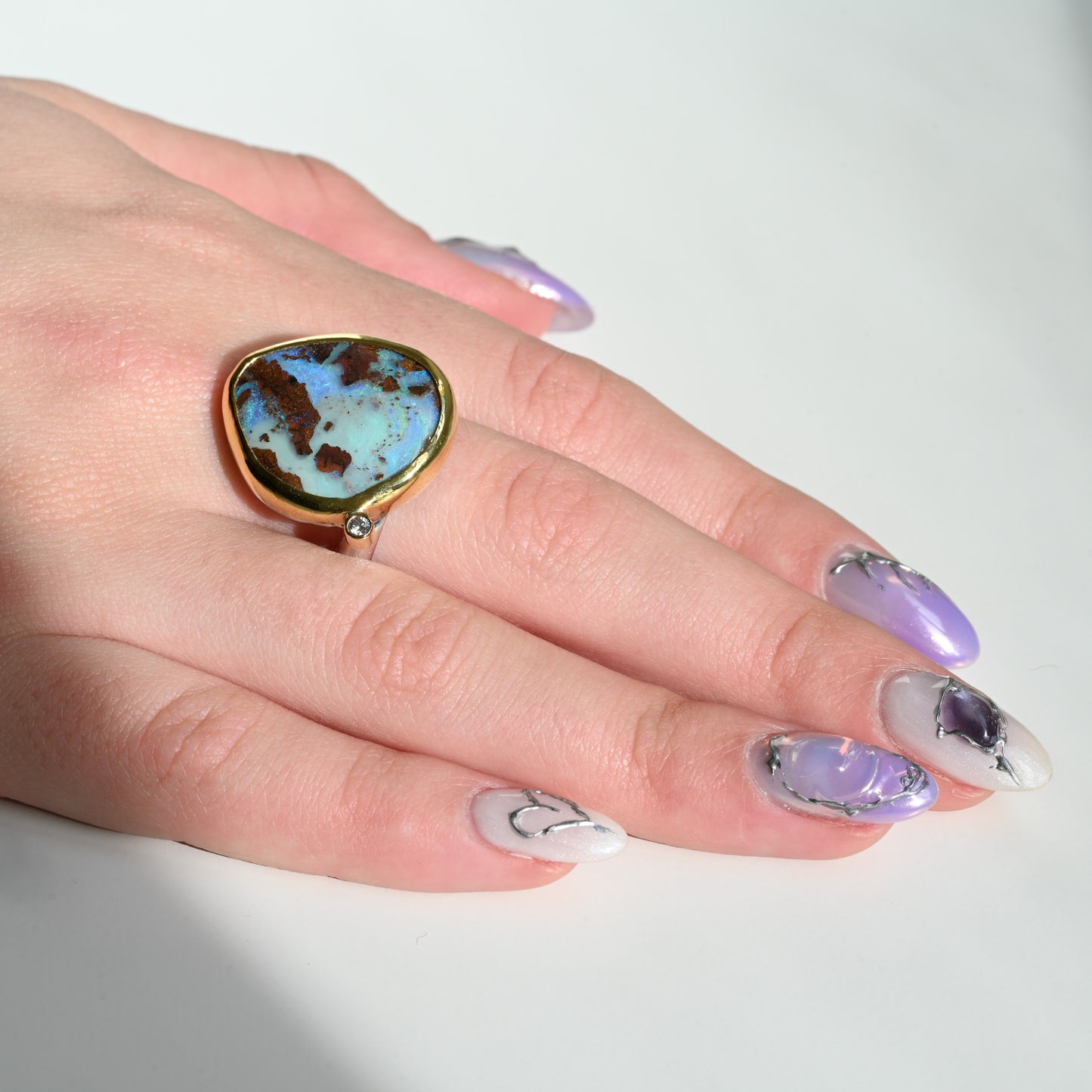 Australian boulder opal 22 carat Gold and Silver Ring with diamond