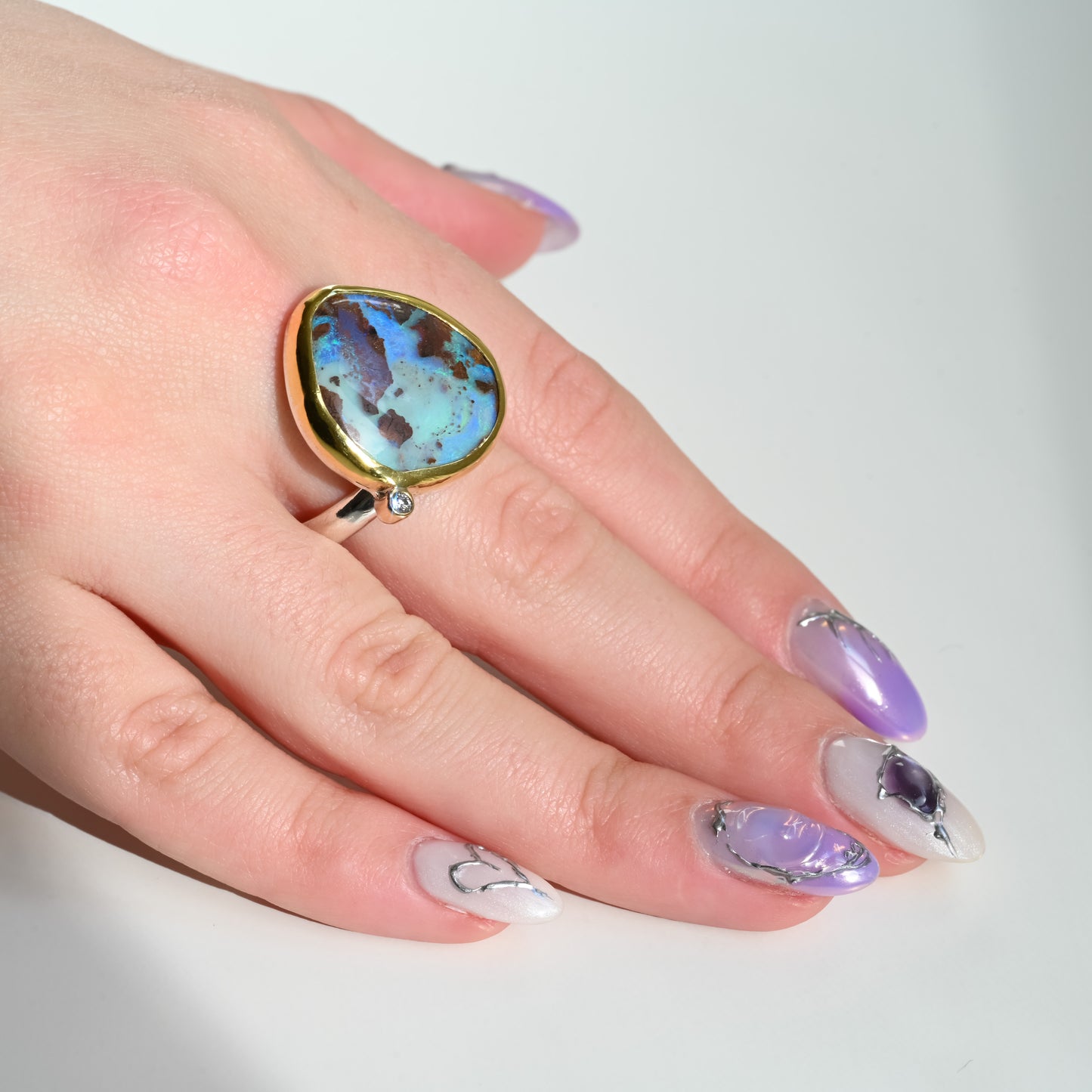Australian boulder opal 22 carat Gold and Silver Ring with diamond