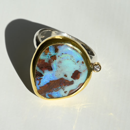 Australian boulder opal 22 carat Gold and Silver Ring with diamond