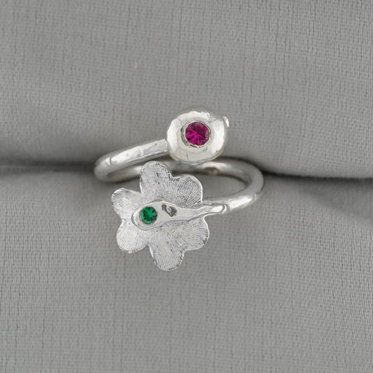 Bloom & Berry Fine Silver Ring - Ruby Emerald Floral Design