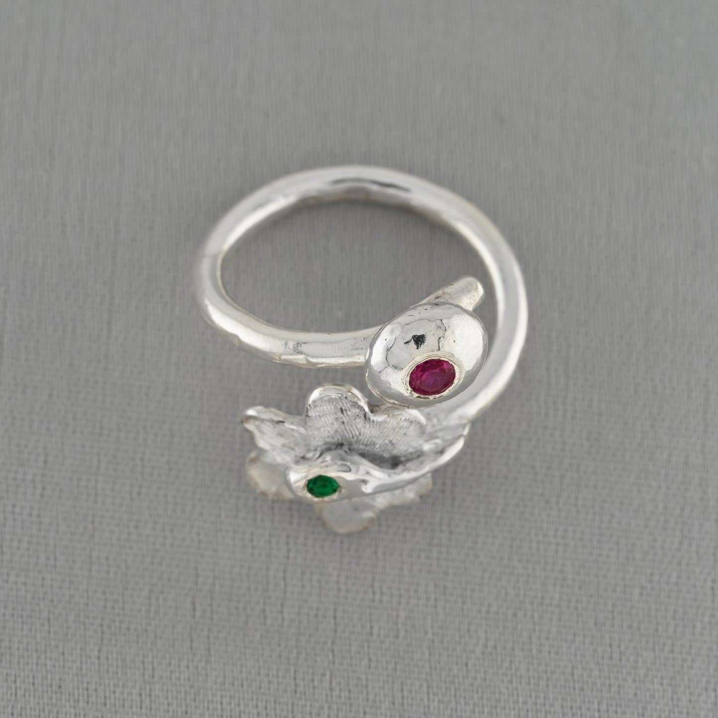 Bloom & Berry Fine Silver Ring - Ruby Emerald Floral Design