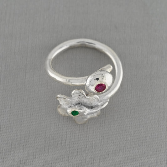 Bloom & Berry Fine Silver Ring - Ruby Emerald Floral Design