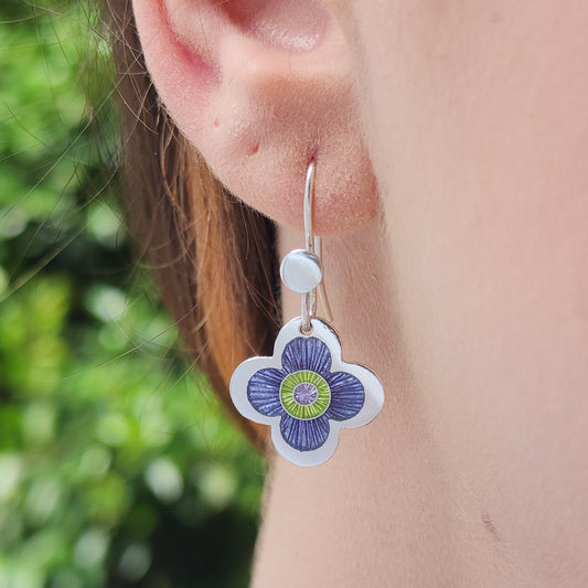 Lilac Flower Earrings - Vitreous Enamel ChamplevÃ© on Fine Silver (999), Handmade in Australia